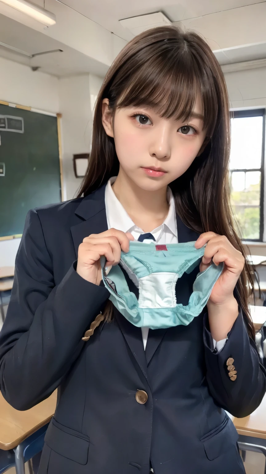  very detailed , 8K resolution RAW color photos ,( upper body, face:1.3)Beautiful Face, viewers, school uniform blazer  , It's in the classroom at school, Panties Focus , shorts presentation,((Having small panties)), simple light blue panties,  separating bangs from the center ,  studio lighting ,(( embarrassing))、