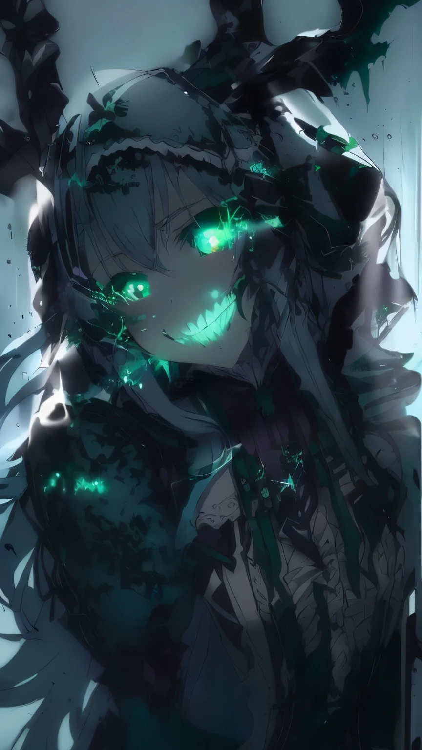 elze from in another world wht my smartphone, isekai wa smartphone to tomo ni, un primer plano de una persona con una cara espeluznante y ojos verdes, sonrisa maligna y ojos brillantes, sonrisa maliciosa, con ojos brillantes, [[[[sonrisaning evily]]]], evil sonrisa, sonrisaning lasciviously, wicked sonrisa, sonrisa malévola, sonrisa, sonrisa loca, sonrisaning sinisterly, horrifying sonrisa. horror, ojos verdes brillantes