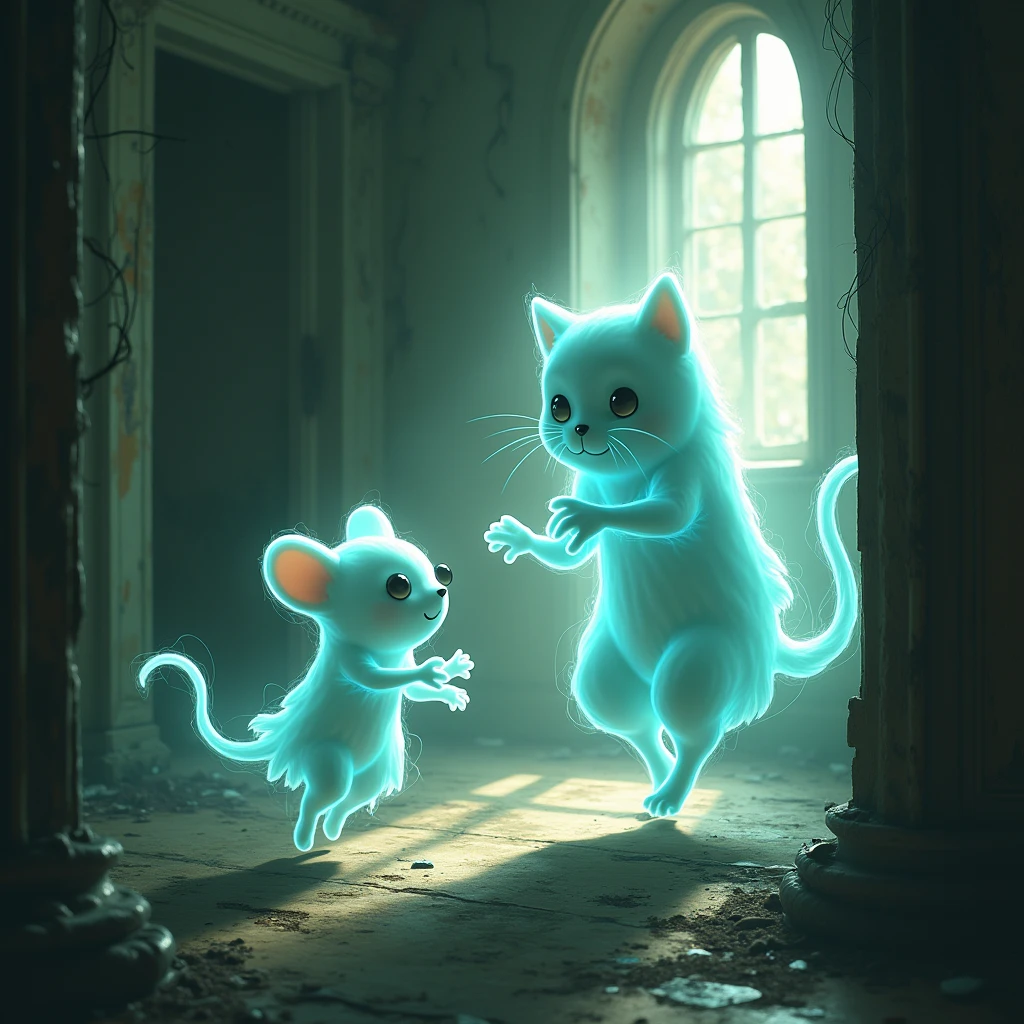  little mouse-shaped ghost ,flies away(removes )  from the cat-shaped ghost (  2 ghosts chase each other mouse ghost runs away from the cat ghost), inside an old abandoned mansion with greetings ,  the magical quality ,close angle,