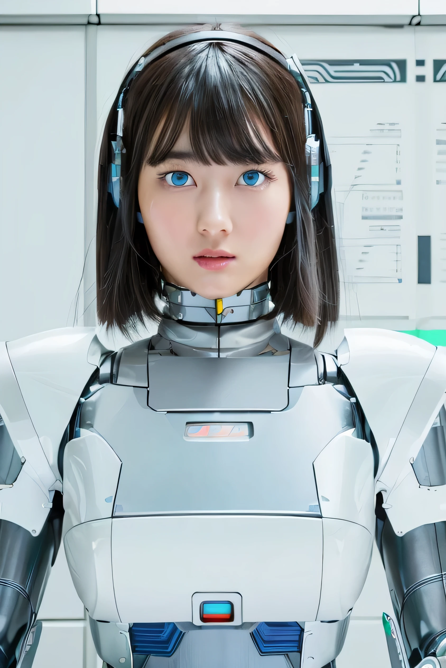 masterpiece, best quality, extremely detailed,  Japaese android girl,Plump , control panels,android,Droid,Mechanical Hand, Robot arms and legs, Black Robot Parts,Black hair,Mechanical body,Blunt bangs,White robotics parts,perfect robot girl,future information counter,reception,long tube,thick cable connected her neck,ceramic body ,mechanical body,mechanical costume,android,robot,humanoid,cyborg,information office,japanese android receptionist ,mechanical chest,blue eyes,office-lady