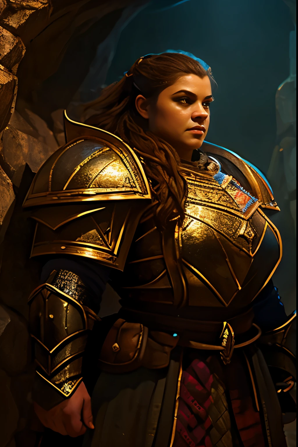 Brunette female dwarven noble, in a undeground cavern, dramatic lighting, medieval clothing, short hair, strong muscled arms, front view, busty