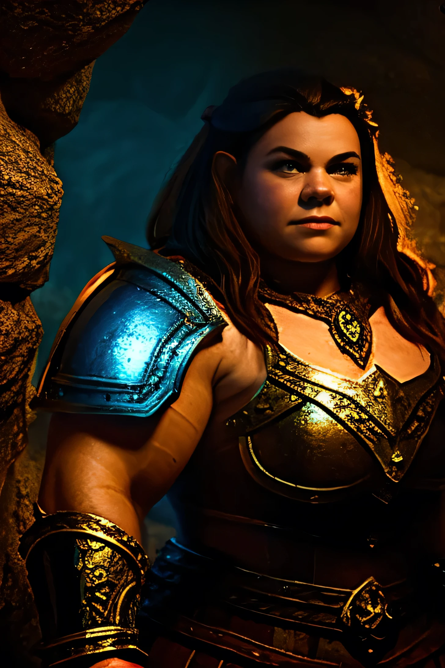 Brunette female dwarven noble, in a undeground cavern, dramatic lighting, medieval clothing, short hair, strong muscled arms, front view, busty