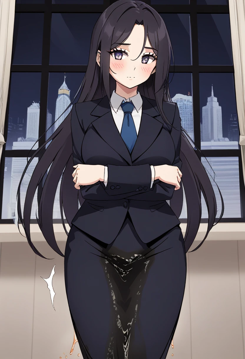 (high quality,Very detailed:1.37, High resolution), Woman, (mature:2.0), (Sakaki Yumiko:1.5), (very long hair:1.5), (straight hair:1.5) (dark purple hair:2.5), purple eyes, huge breasts, tuxedo, necktie, (pants:1.5), (wetting herself:2.0), standing, embarrassed, humiliation, (sanpaku eyes:1.5), (constricted pupils:1.5), (tiny pupils:1.5), (sweating:1.5), shaking, (trembling:1.5), (blushing:1.5), Meticulous details, (extremely detailed eyes:1.37), space station, interior, science fiction, futuristic