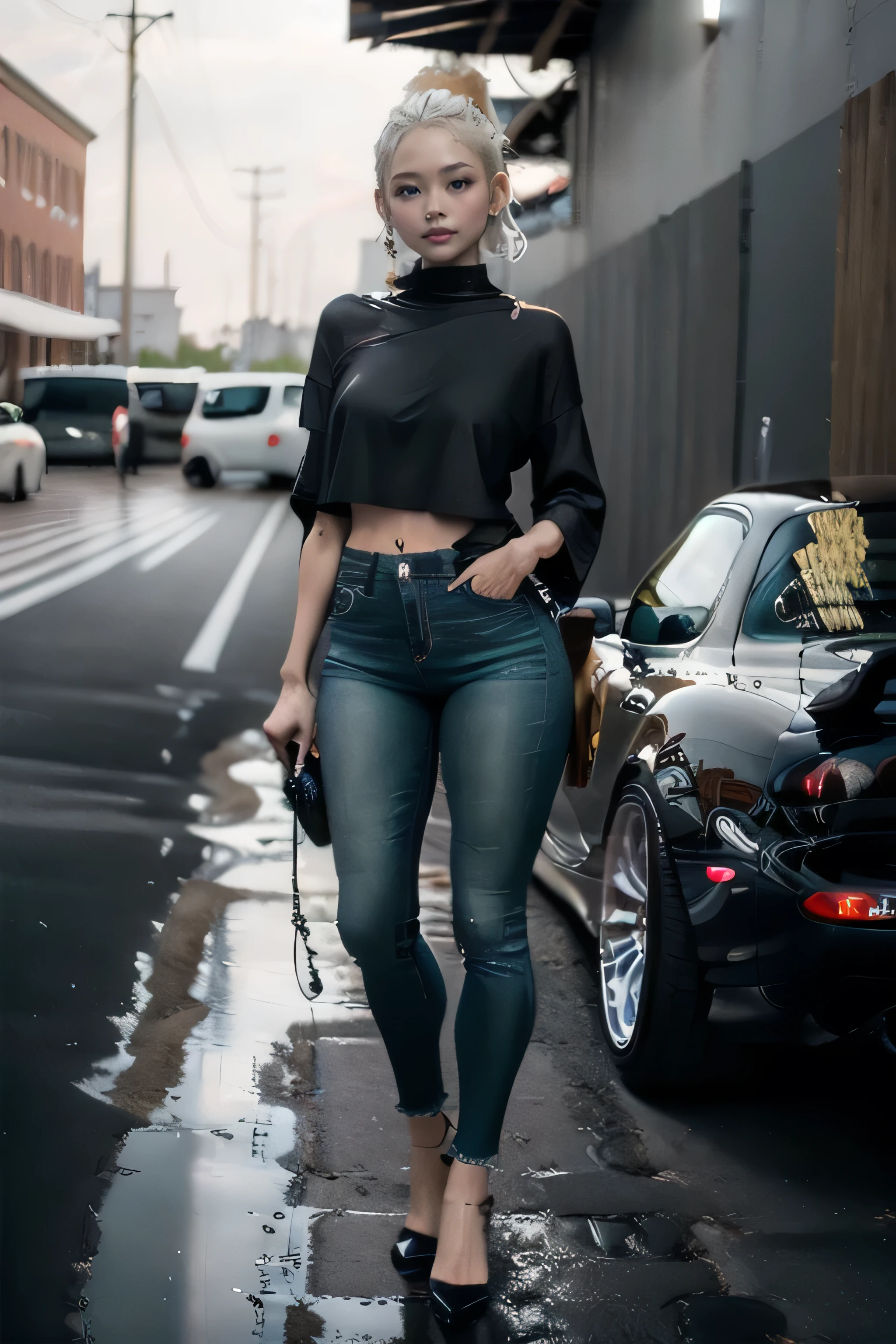  -tuned RX7,A beautiful woman wearing a  standing beside a car,accurate,  anatomically correct, Best Quality, Ultra Wide Angle, 