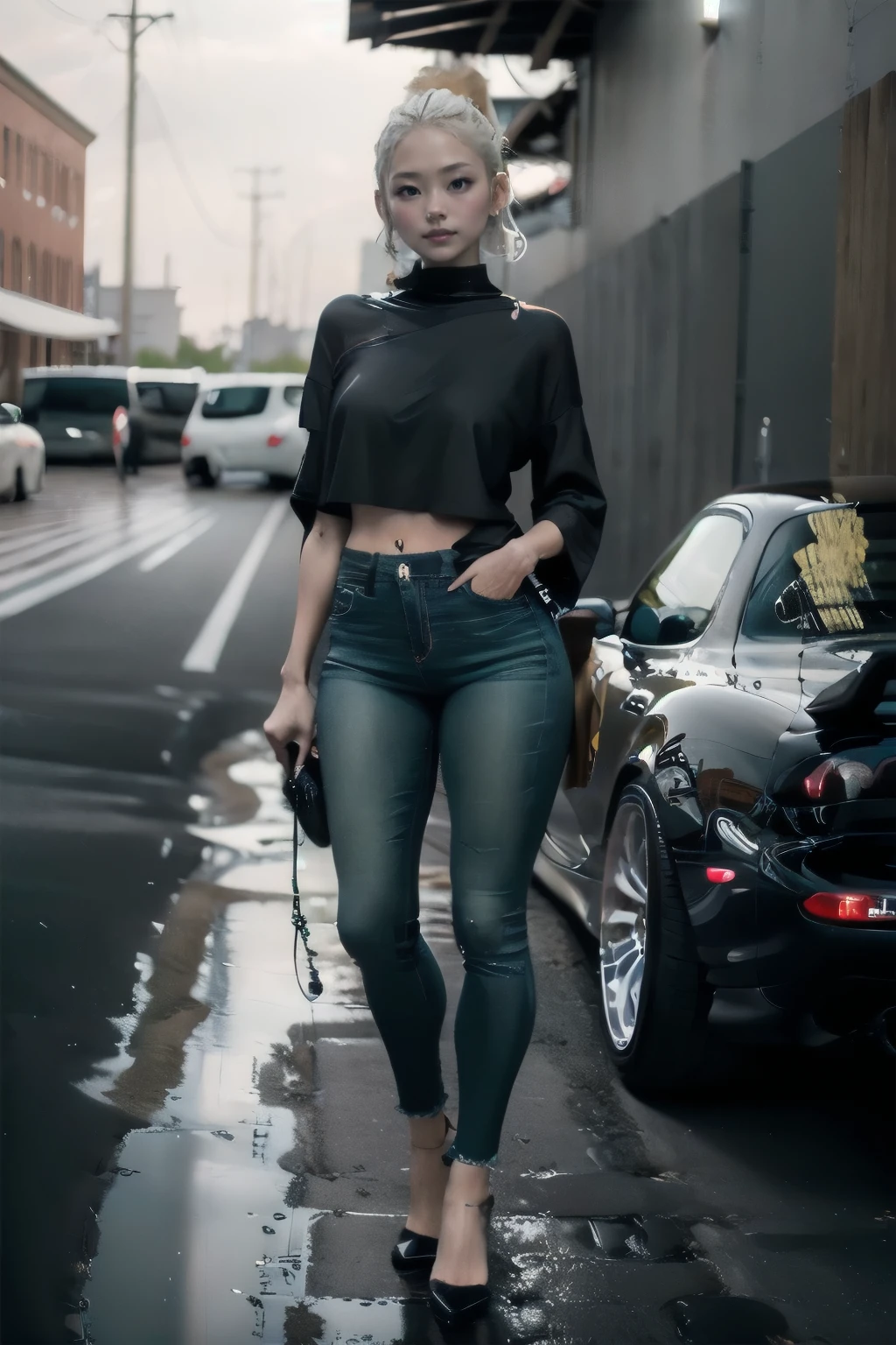  -tuned RX7,A beautiful woman wearing a  standing beside a car,accurate,  anatomically correct, Best Quality, Ultra Wide Angle, 