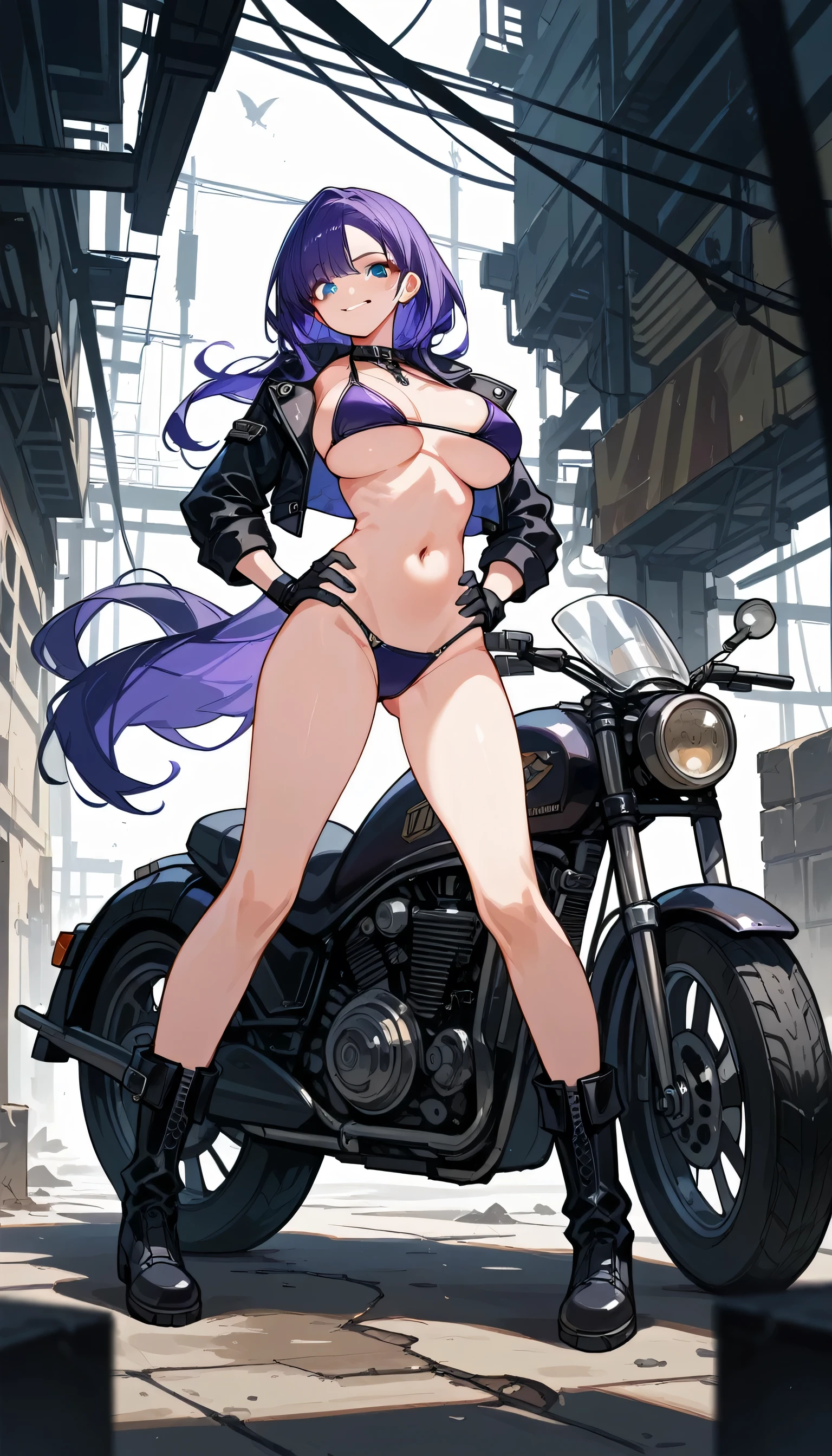 Masterpiece, best quality, Masterpiece, best quality, 1 woman , blue eyes , purple short bangs , longhair , black leather jacket , sly face , smile , bikini , abdomen, big breasts , Long legs , gloves , boots , hands on hips , motorcycle behind , abandoned factory 