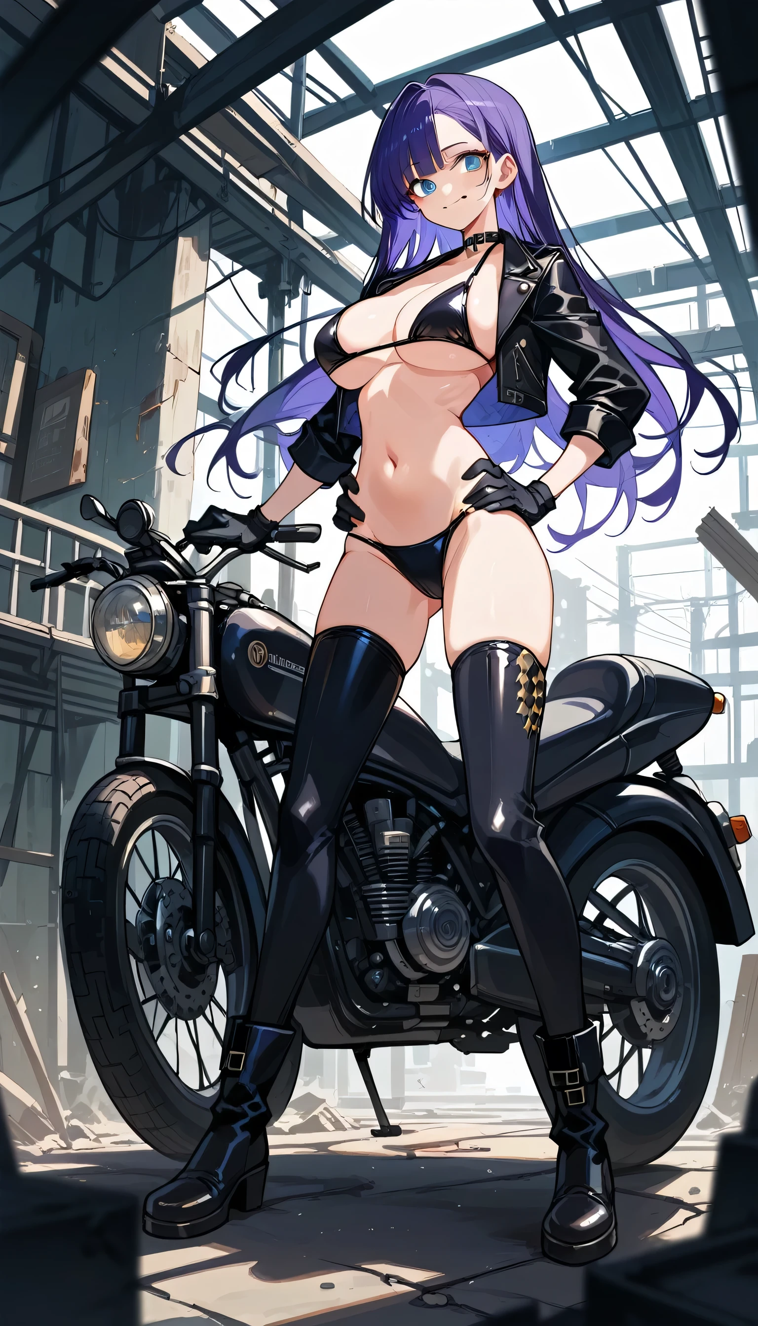 Masterpiece, best quality, Masterpiece, best quality, 1 woman , blue eyes , purple short bangs , longhair , black leather jacket , sly face , smile , bikini , abdomen, big breasts , Long legs , gloves , boots , hands on hips , motorcycle behind , abandoned factory 