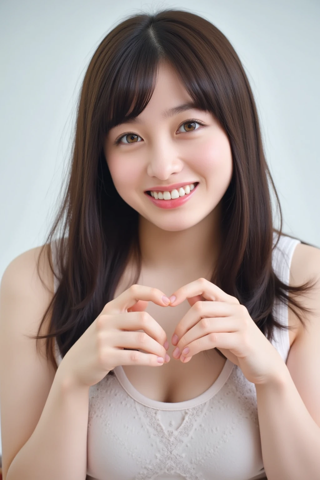 She is in a pose wearing a sexy camisole, making a firm big heart shape with both hands, and holding it in front of her chest, Close-up of a smiling face

