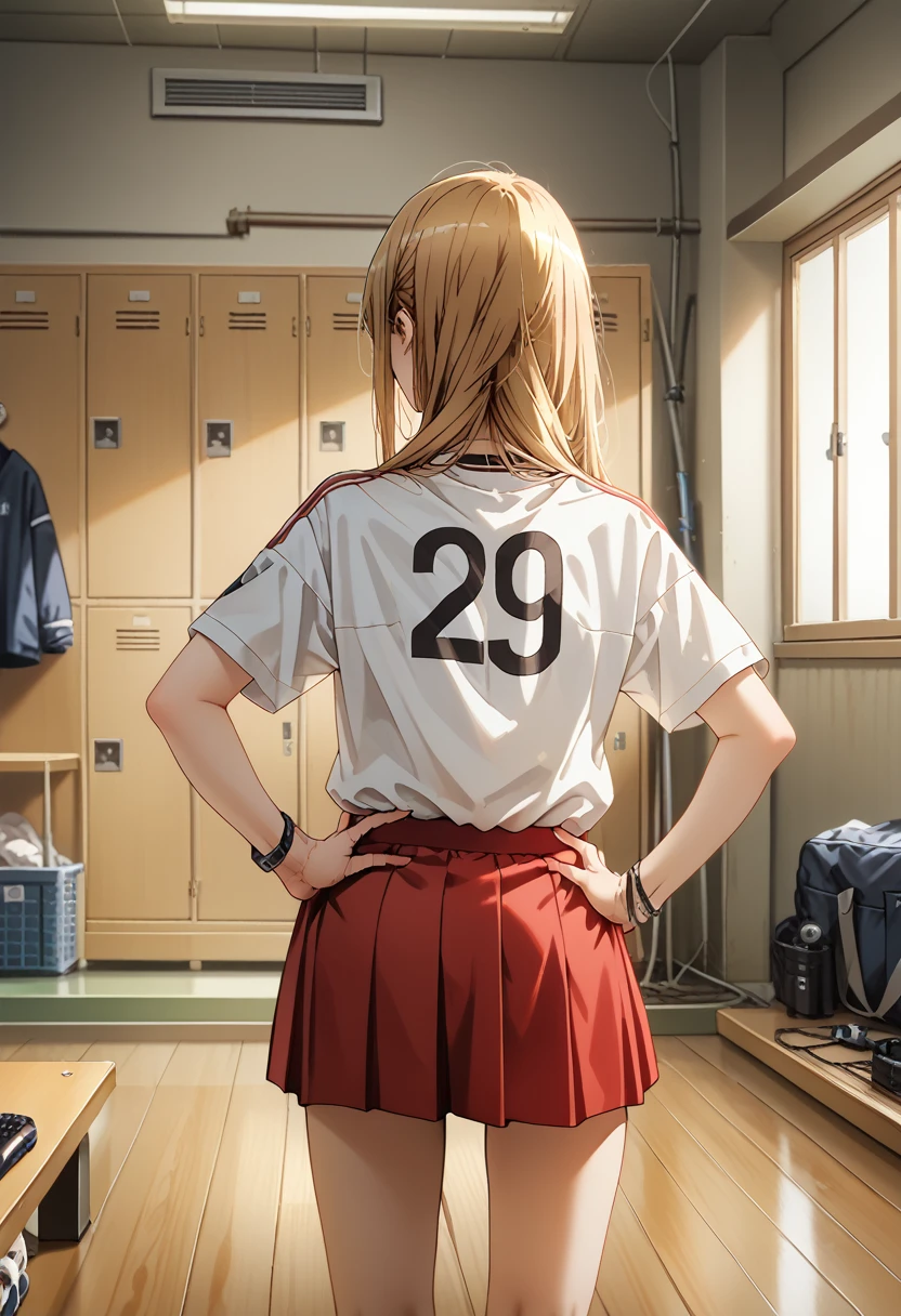 ultra-detailed,highly detailed,best quality,masterpiece,illustration, 
The image features an anime-style character with long yellow hair  The character is wearing a white sports shirt with red accents and a matching red skirt. The setting appears to be a locker room or a sports equipment room, as there are clothes and uniforms hanging in the background. The character's pose, with hands on hips and a slightly tilted head, suggests confidence or curiosity. The lighting is soft, casting gentle shadows and giving the scene a somewhat realistic touch despite its animated nature.