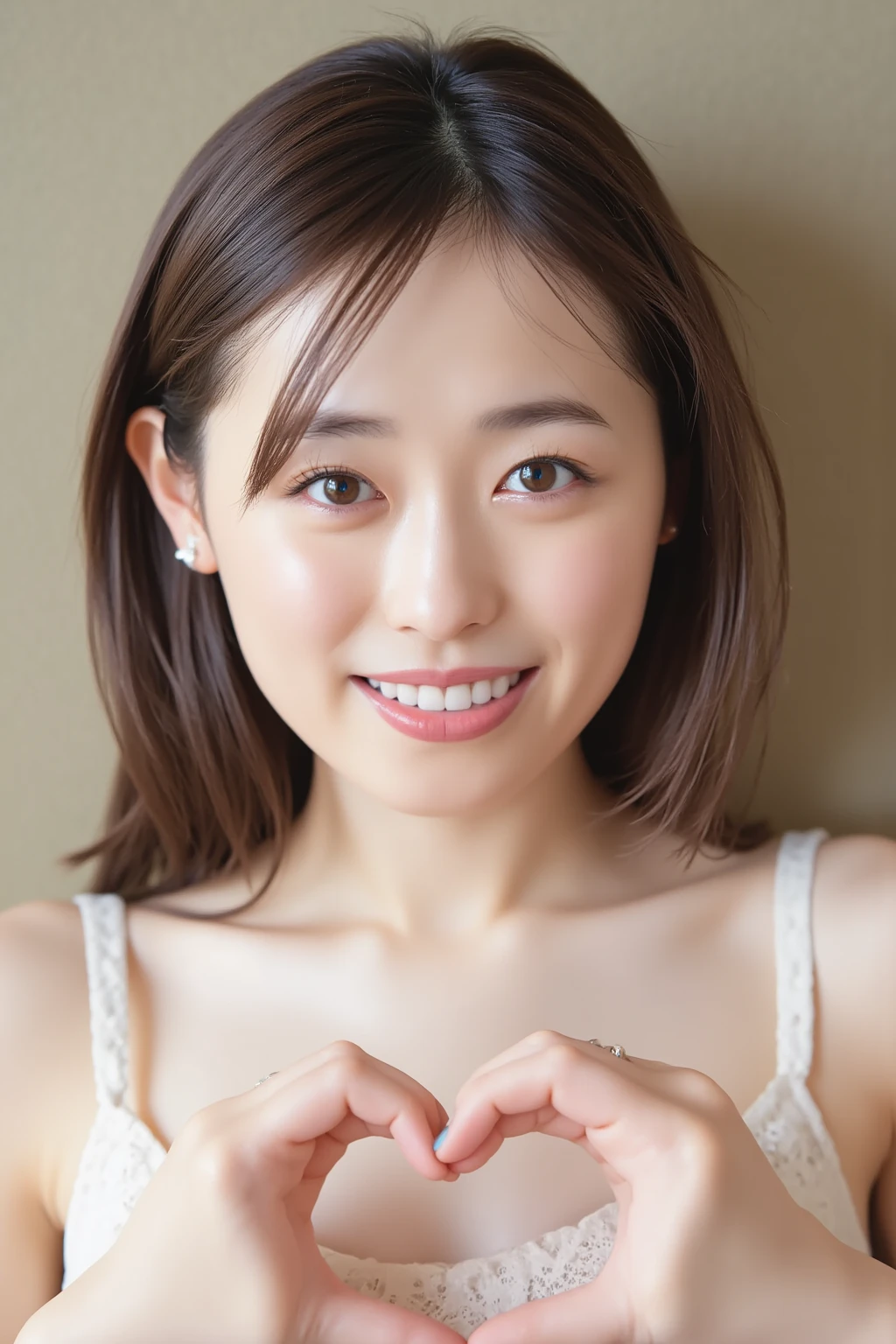 She is in a pose wearing a sexy camisole, making a firm big heart shape with both hands, and holding it in front of her chest, Close-up of a smiling face

