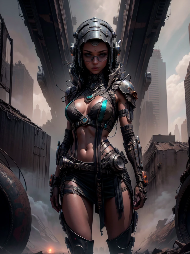 A highly detailed, technologically advanced ancient alien woman in a post-apocalyptic cityscape, intricate futuristic details, elaborate cyberpunk outfit, stunningly realistic, cinematic lighting, vibrant colors, dramatic composition, award-winning digital art