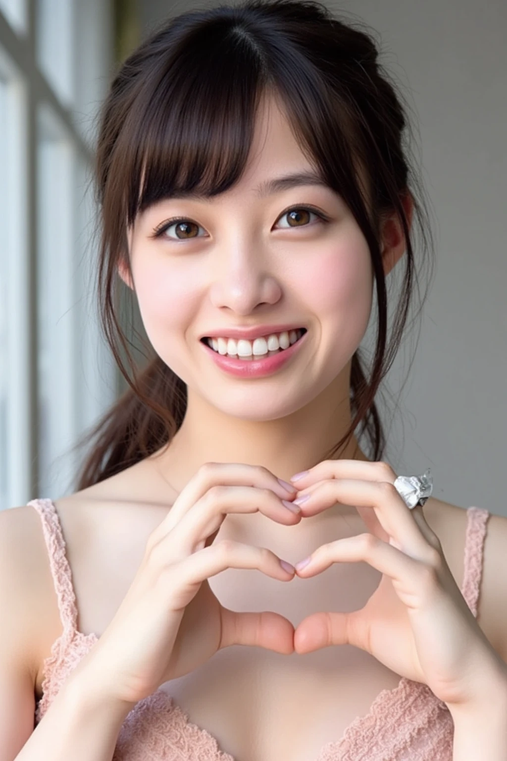 She is in a pose wearing a sexy camisole, making a firm big heart shape with both hands, and holding it in front of her chest, Close-up of a smiling face

