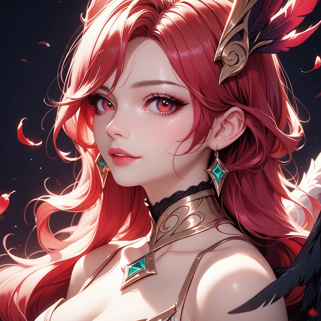 (Coven Morgana from league of legends)1woman, pale gold jewelry, looking at viewer, solo, white long wavy hair, red eyes, tight black and red coven dress with pale gold details, black feather collar, black wings with pale gold details, dark background with red and purple light, magical red runes
