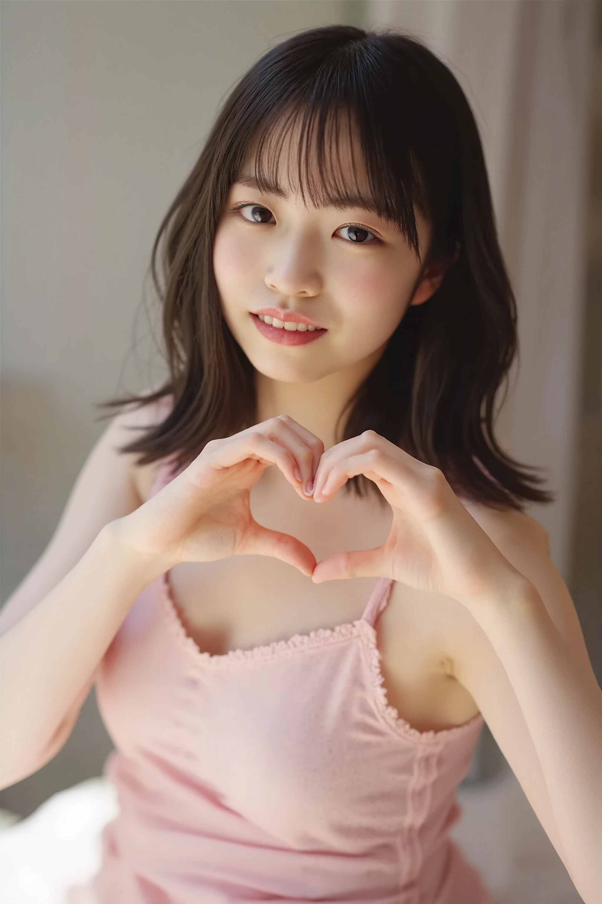 She is in a pose wearing a sexy camisole, making a firm big heart shape with both hands, and holding it in front of her chest, Close-up of a smiling face

