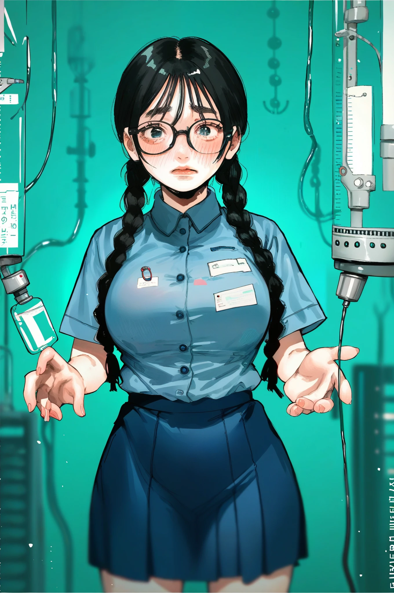 score_9, score_8_up, score_7_up, score_6_up, source_anime, ultra quality, clear lines, looks at the viewer,  (/kaywai style), (anime style), 1 girl, solo, nerdy glasses, black hair, two hair braids, blush, big breasts, scientific coat, blue school shirt, tight skirt, laboratory background