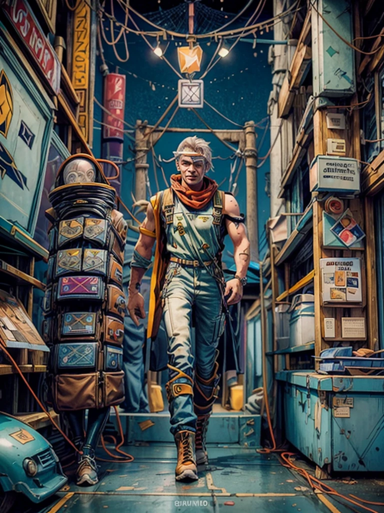 Tarot cards, symbols of knowledge and culture,, illuminati, cyberpunk:1.8, 1man, solo:1.4, middle aged man,   constution worker, safety helmet, tank top,, hacking device, shaved, military cut hair,   jeans, eletronic circutry in background, white and red dress, green tones on the background, cables and connectors, futuristic city, neon light, a wrench on his hand, work overalls, giving a salute,   pose,    the card is titled  (the plumber), work boots