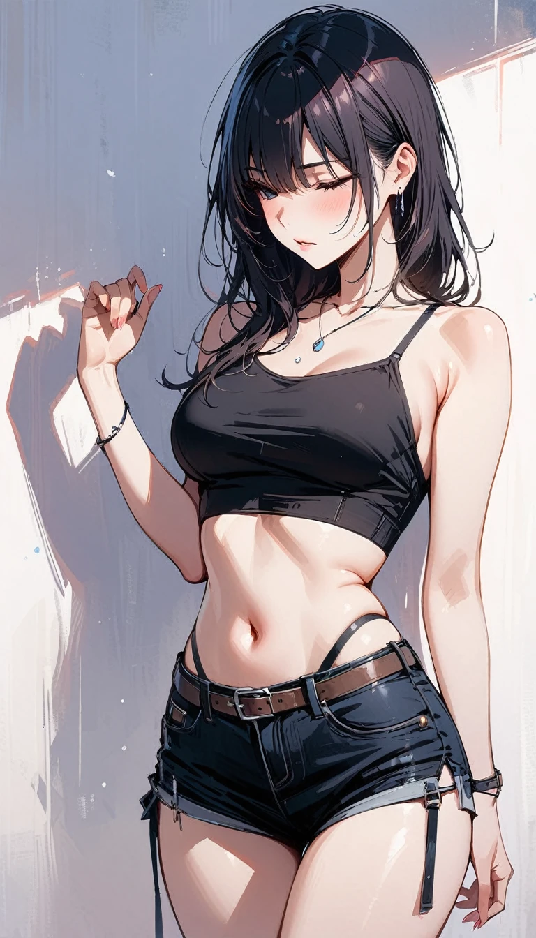 (8K、Highest image quality、best quality、masterpiece)、Detailed face、1 girl、12 years old,medium breasts,black hair、((single bun))、blunt bangs、gray eyes、earrings、smile showing teeth、The chest is moderate、white sweater、Off the shoulders、Strapless、long sleeve、belly button、Denim shorts、Cowboy shooting、fluid in ass、Fluid on the thighs、flowing liquid(Attractive ass:1.2),、exposed、disheveled、Clothing that fits snugly,exposed的胸部、(((Wet clothing))),tube top,(((ultra-thin clothing))),(Body model),((body outline)),(Stride),grinning, blush,Hyperactive expression,crotch friction,protuberance,