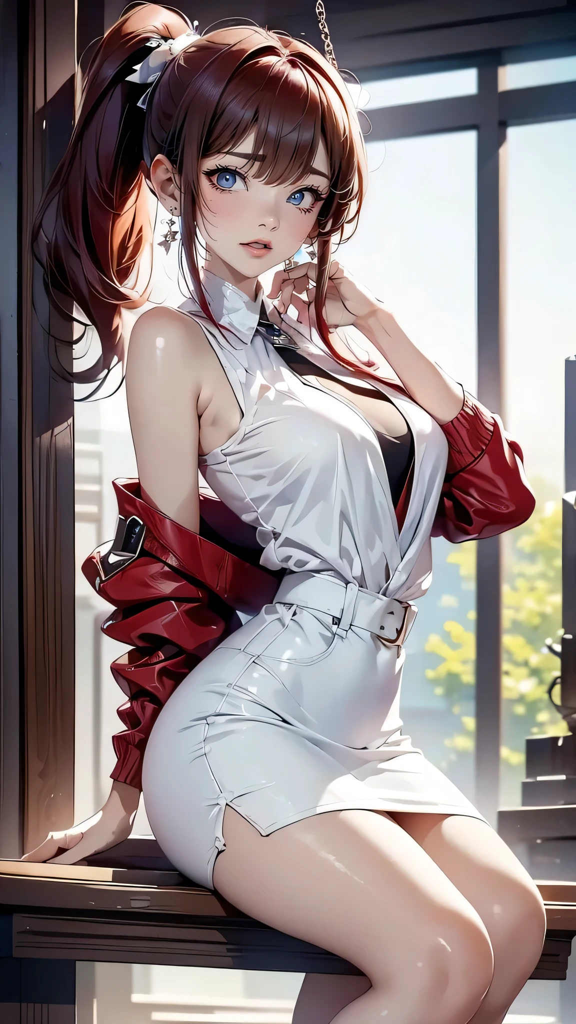 beautiful features、Japanese、Red hair、((side ponytail、hanging eyes:1.2))、shiny smooth hair, thick bangs、(a teasing smile:1.2), highly detailed eyes, highest quality, ultra high resolution, Beautiful and vivid illustrations、Ultra-realistic oily and glossy skin, super fine, High resolution CG Unity 8K wallpaper, Raw photo, precise fingers, anatomically correct, sleeveless jacket、Wide open shirt、exposed chest、pencil skirt、white panties、Denim look、boots、Sitting in a stepped building、