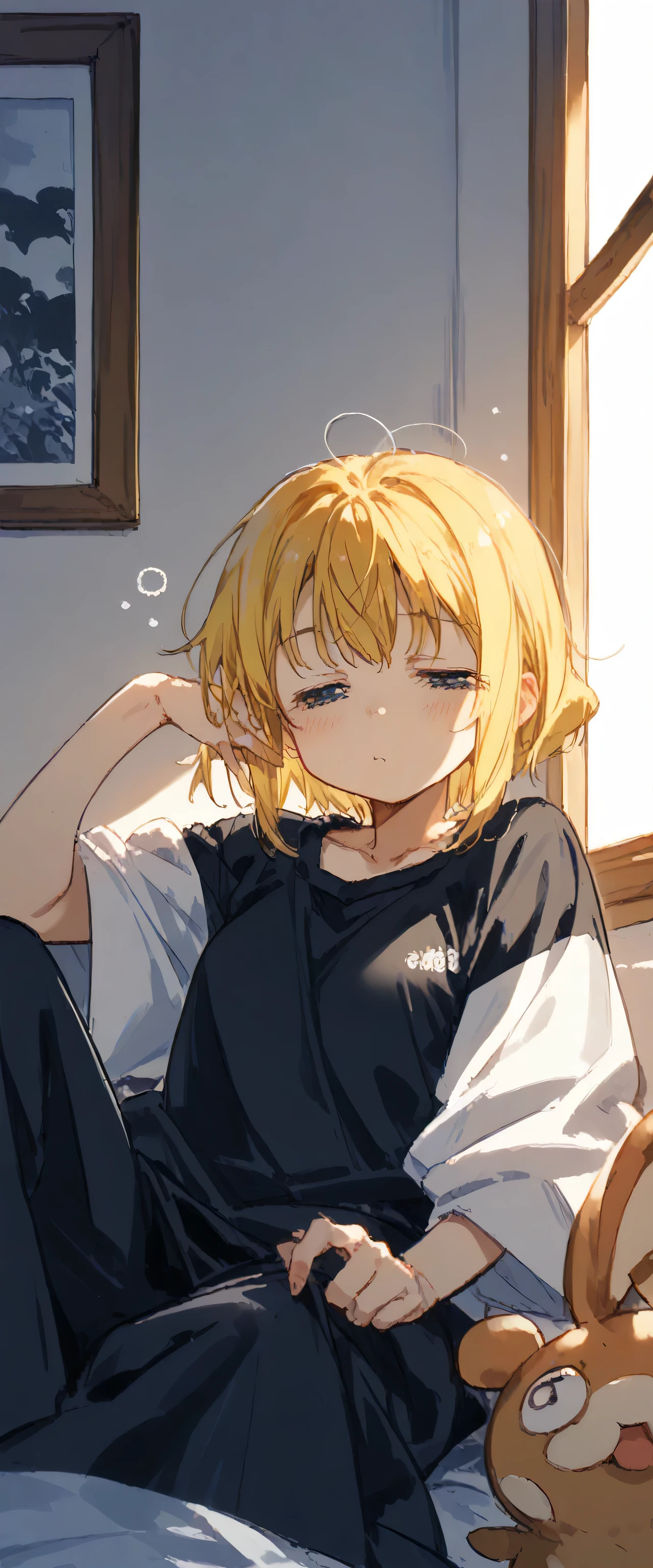 ((G Yusuke style  ,   Kamuza Bansho series   ,  art manga technique 1  .2)) short bob and blond hair  ,   picture of a blue-eyed girl in a black and white uniform,Trending on pixiv , H style ,  fan art  , Mika Pikazo,I get sleepy when I wake up in the morning  ,tits,
