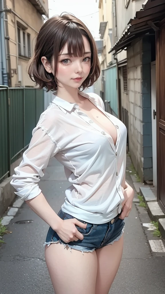 ((Highly detailed CG unit 8K wallpaper, masterpiece, High resolution, highest quality)), Structure from head to thighs:1.3, Upper body focus, 20-year-old woman, short hair, Avant-garde makeup, Hands in pockets pose:1.5, Blouson&Coordination of micro mini shorts, Blurred Background, A deserted back alley in Paris, Cinema Lighting, Anime Style, Simple lines, Digital Painting,