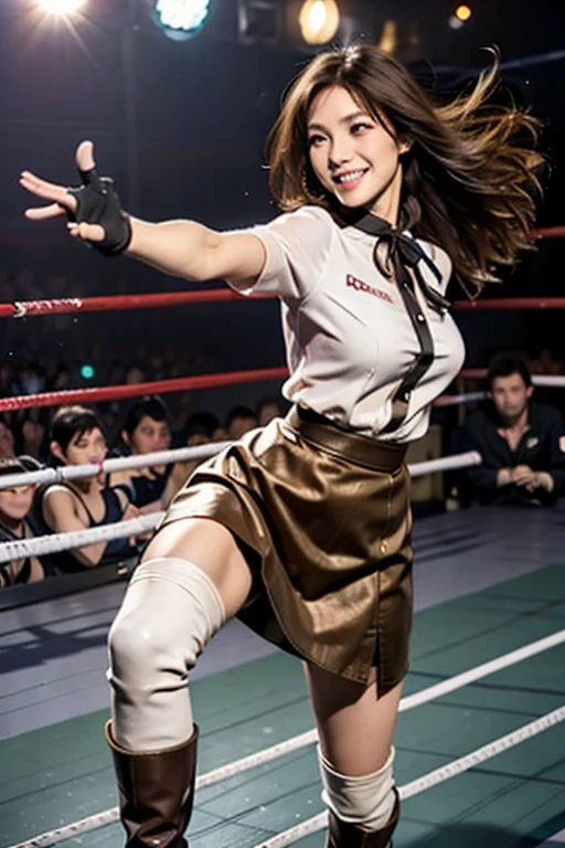 beautiful woman, active attacking pose, femdom, kick attacking motion to viewer, perfect body, big breasts, office-lady blouse skirt, fingerless gloves, long boots, light brown hair, mischievous smile, closer, depth of field, at wrestling ring, viewer that cannot be guarded