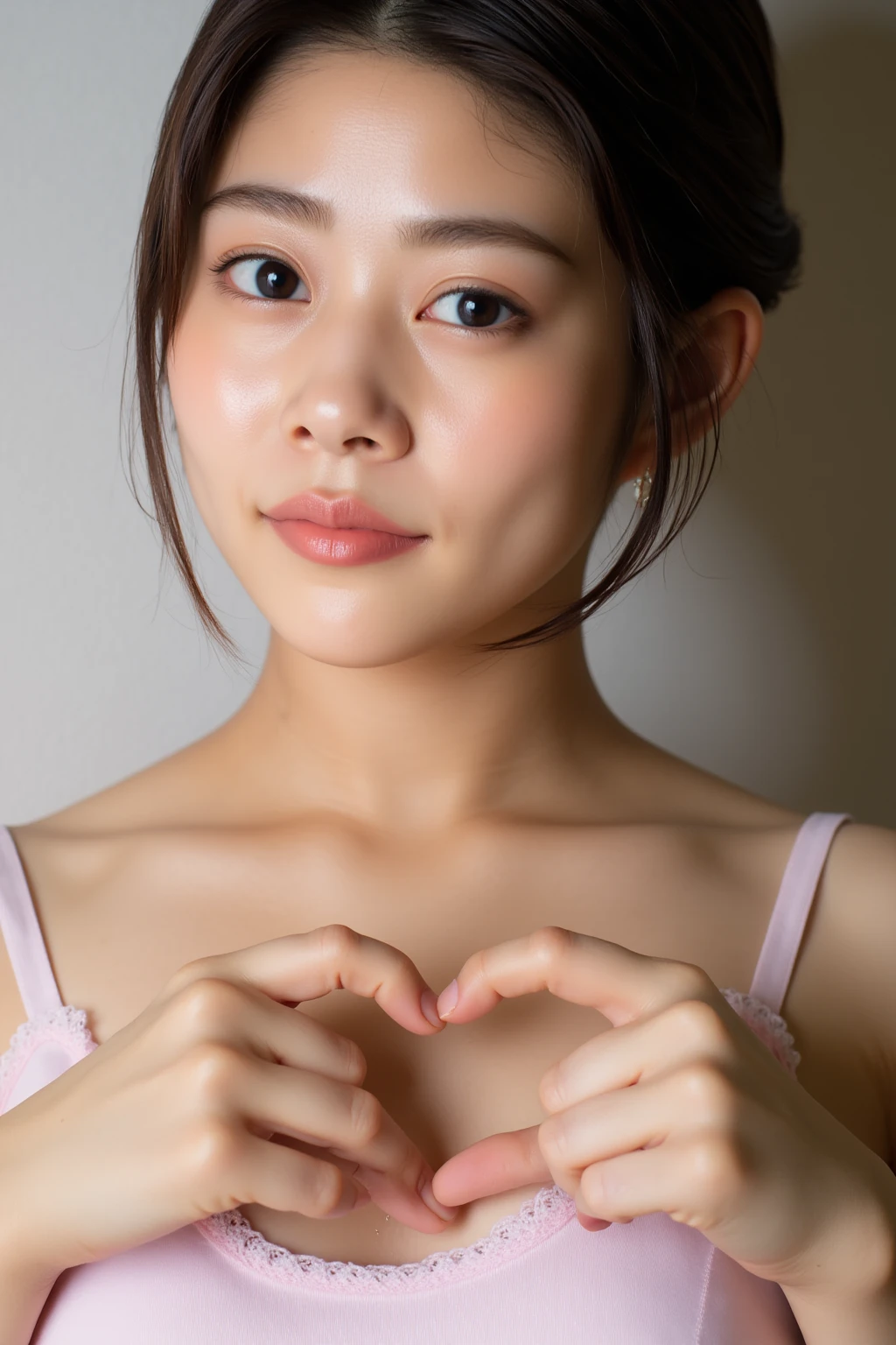 She is in a pose wearing a sexy camisole, making a firm big heart shape with both hands, and holding it in front of her chest, Close-up of a smiling face

