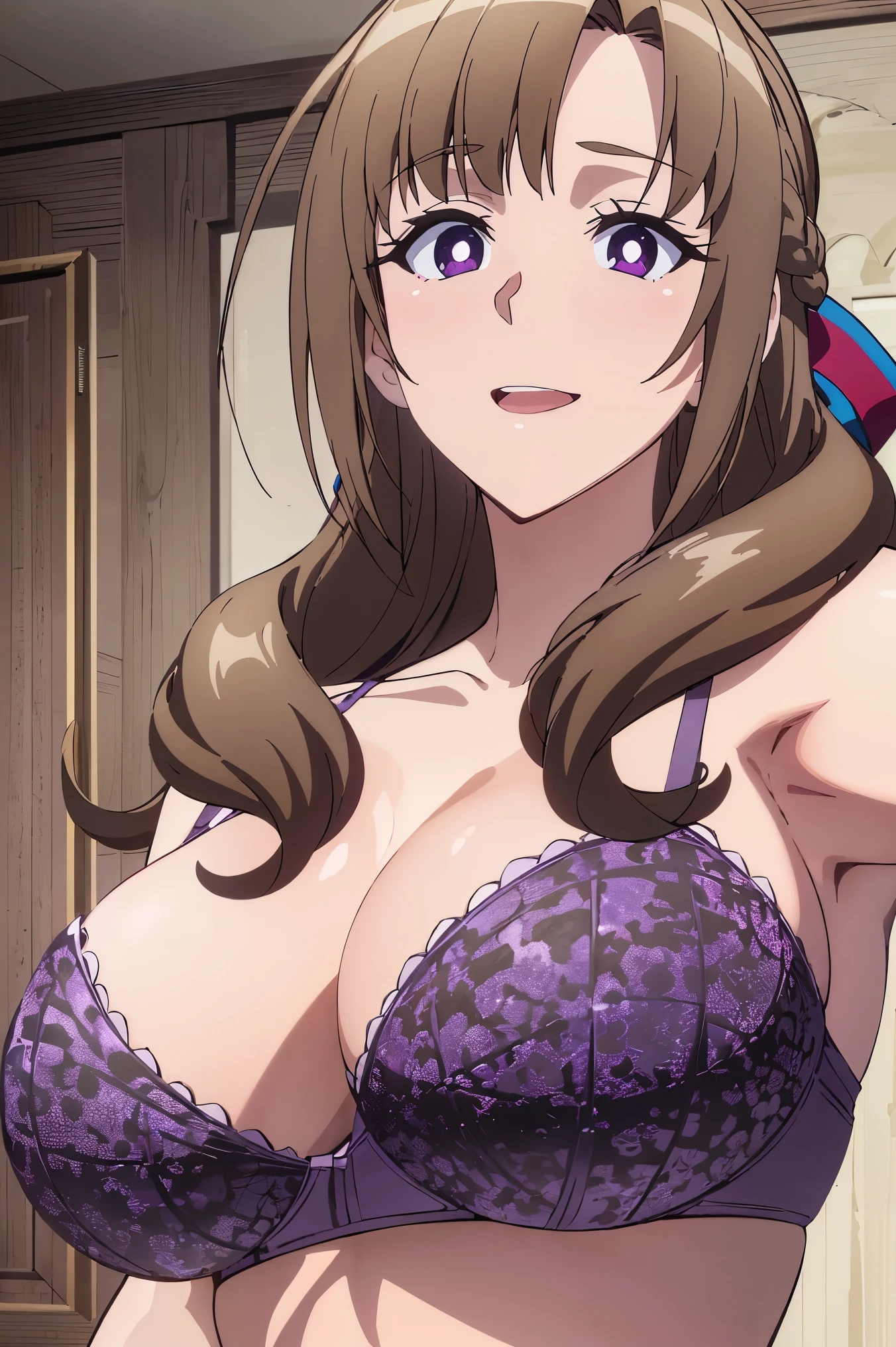 huge tits, best quality, upperbody, (masterpiece:1.2), highly detailed,  cleavage, (((random pose))), 1girl,  ((black bra))), brown hair, smile, hair ribbon, white background, (((purple eyes, white pupil))), open mouth, (((look at camera)))