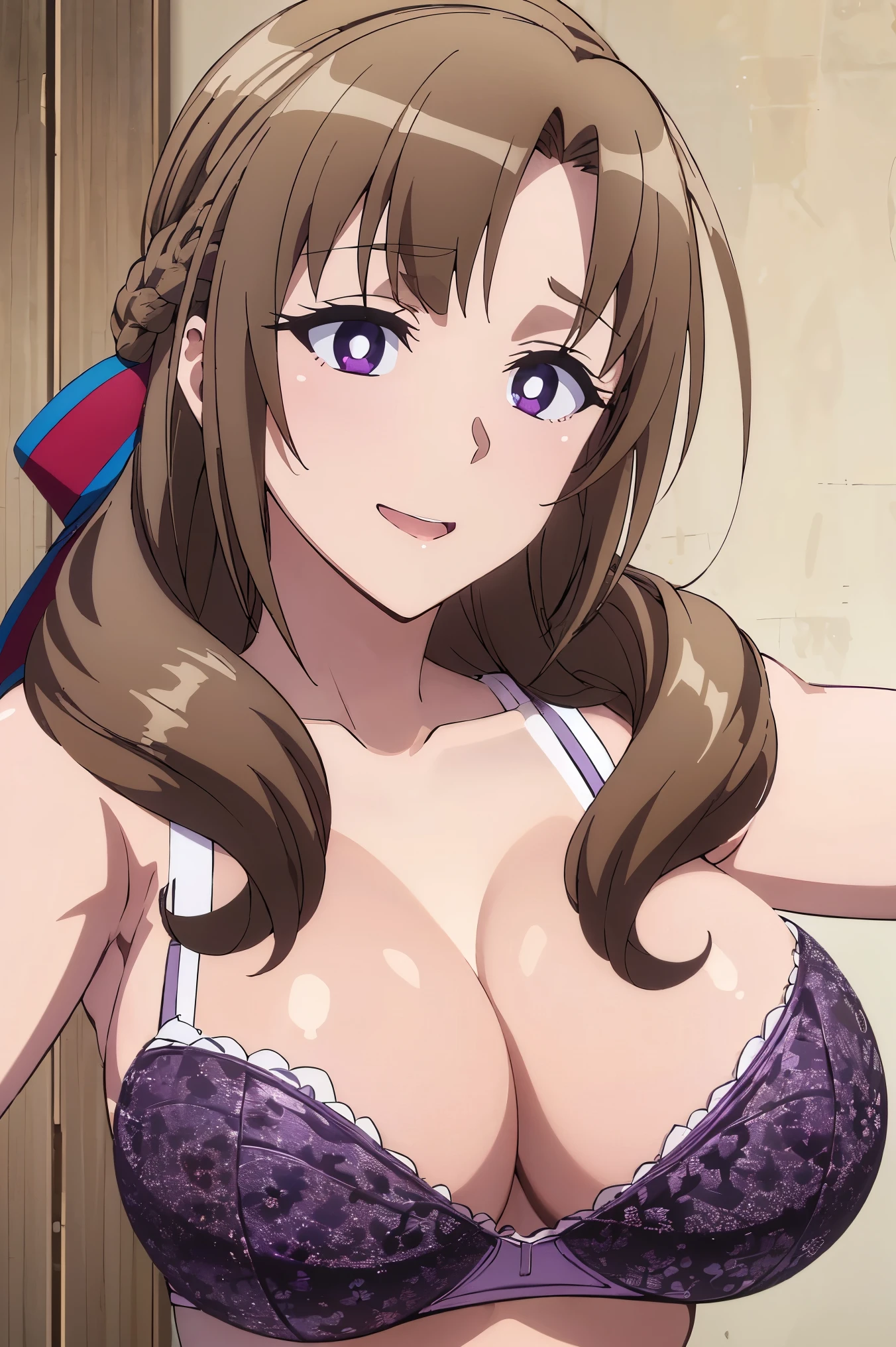 huge tits, best quality, upperbody, (masterpiece:1.2), highly detailed,  cleavage, (((random pose))), 1girl,  ((black bra))), brown hair, smile, hair ribbon, white background, (((purple eyes, white pupil))), open mouth, (((look at camera)))