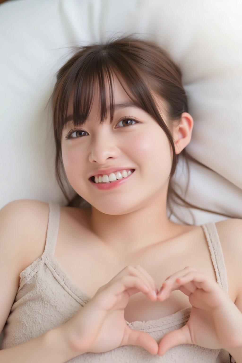 She is in a pose wearing a sexy camisole, making a firm big heart shape with both hands, and holding it in front of her chest, Close-up of a smiling face

