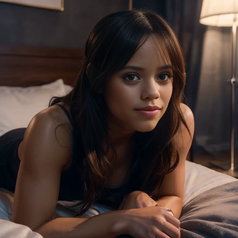 jenna1 , Jenna_Ortega, in a bed, (biceps curl pose:1.3),  long, loose hair , blue eyes,  smiling, , real life, FULL BODY PHOTO, ( ultra realistic :1.4), Photorealism, Photography, 8K UHD, Photo, HDR, Complex and elegant,  highly detailed , sharp focus, splendid, beautiful, (beautiful: 1.2),  Best quality 1 :1, ultra detail: 1.4, best shadows, (8k: 1.1), ( detailed and beautiful face ),  high contrast, ( Perfect lighting : 1.2), (( cinematic light )), colorful, hyper-detail, dramatic light,  intricate detail , Photografia de arny freytag, 