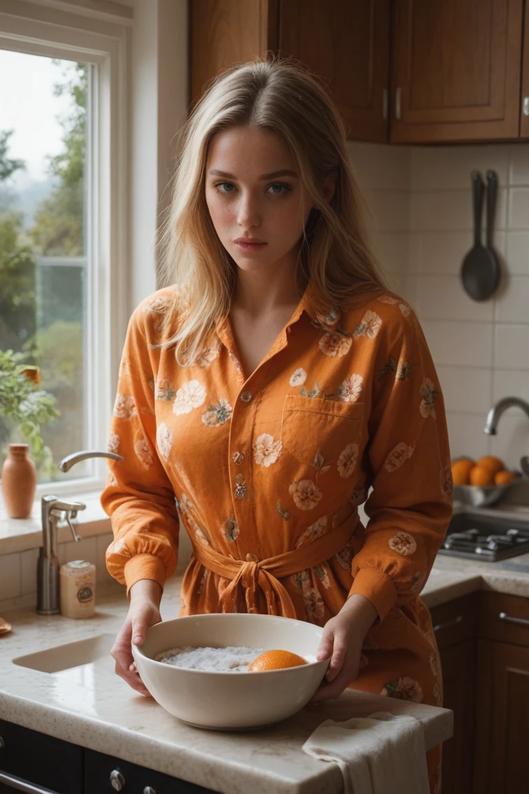 The image shows a voluptuous young woman standing in a kitchen. She is wearing a very hot and sexy  long-sleeved orange floral jumpsuit with a high neckline and long sleeves. She has blonde hair styled in loose waves and smiles at the camera. The kitchen has white cabinets and a large window with views of the trees outside. There is a bowl of oranges on the counter and a sink with a faucet. The overall aesthetic of the kitchen is light and airy.