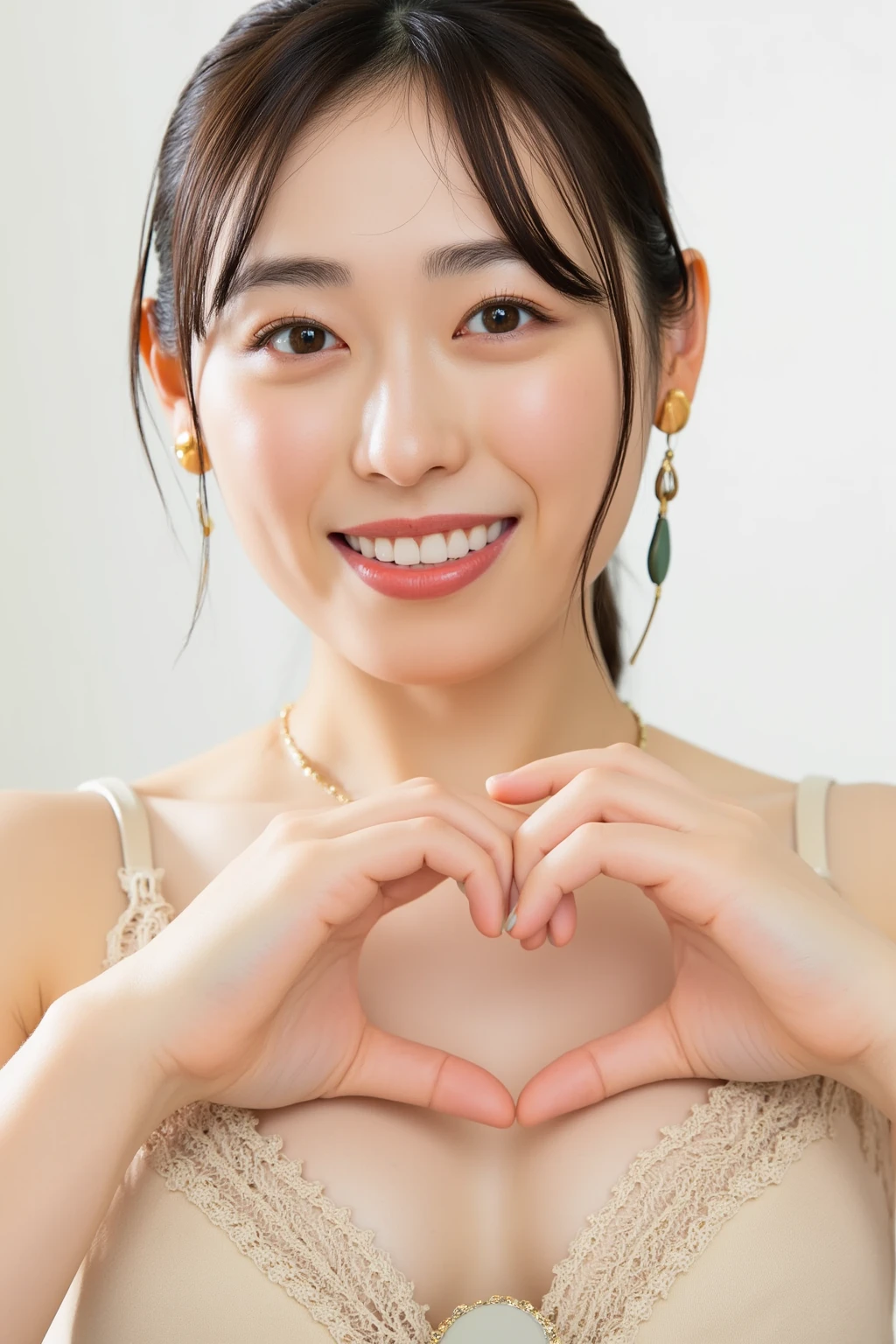 She is in a pose wearing a sexy camisole, making a firm big heart shape with both hands, and holding it in front of her chest, Close-up of a smiling face

