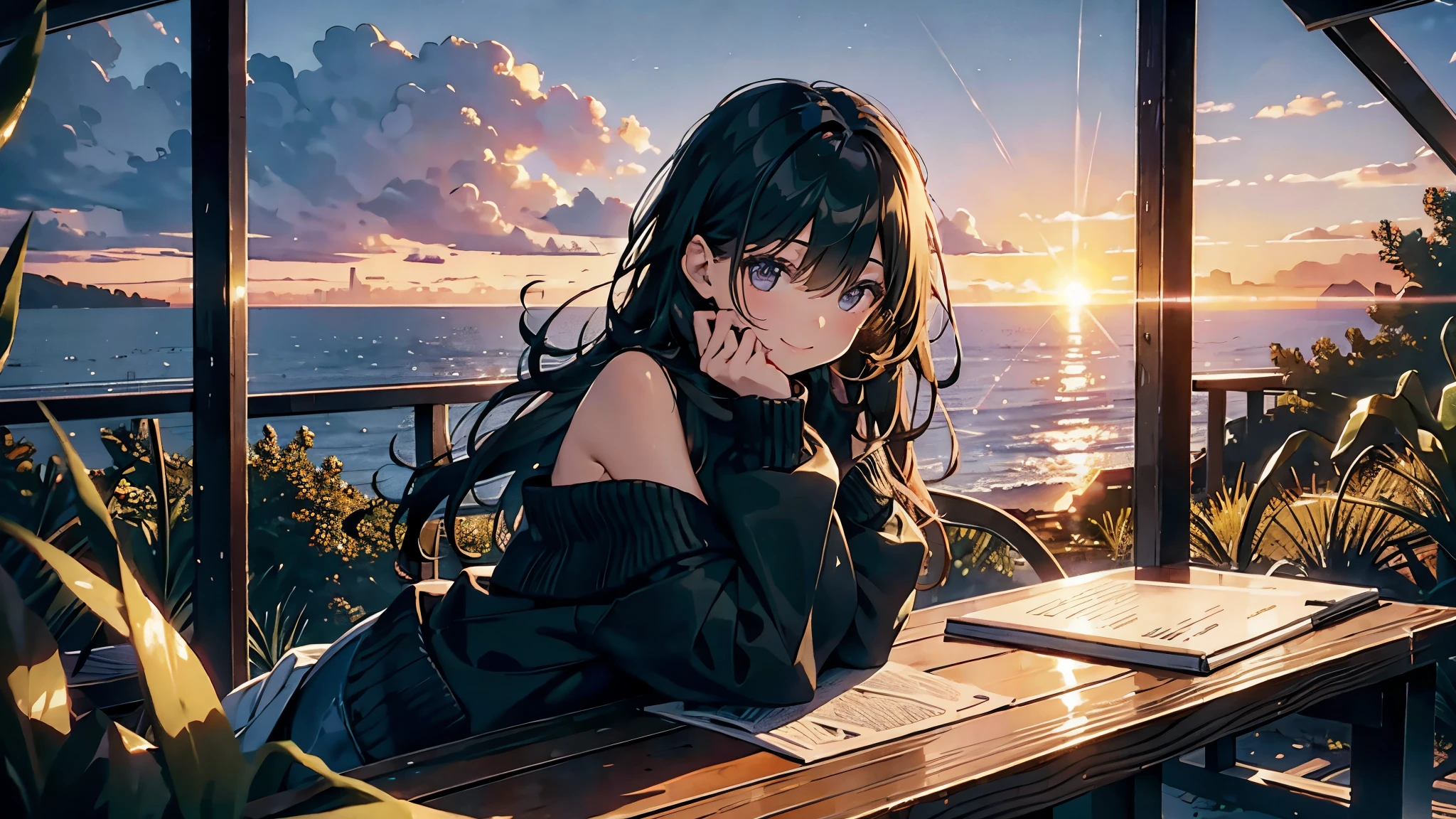 (dark scene, soft lighting, high saturated):1.4, vivid illumination, enchanting elegance, atmospheric depth, masterful technique, naturalistic representations, harmonious composition, creative refinement, striking juxtapositions,
(1girl, young beauty), sitting, smile, looking at viewer, from above, sharp focus, oversized_sweater, shoulder,
((sunset)),volumetric fog, outdoors, backlight