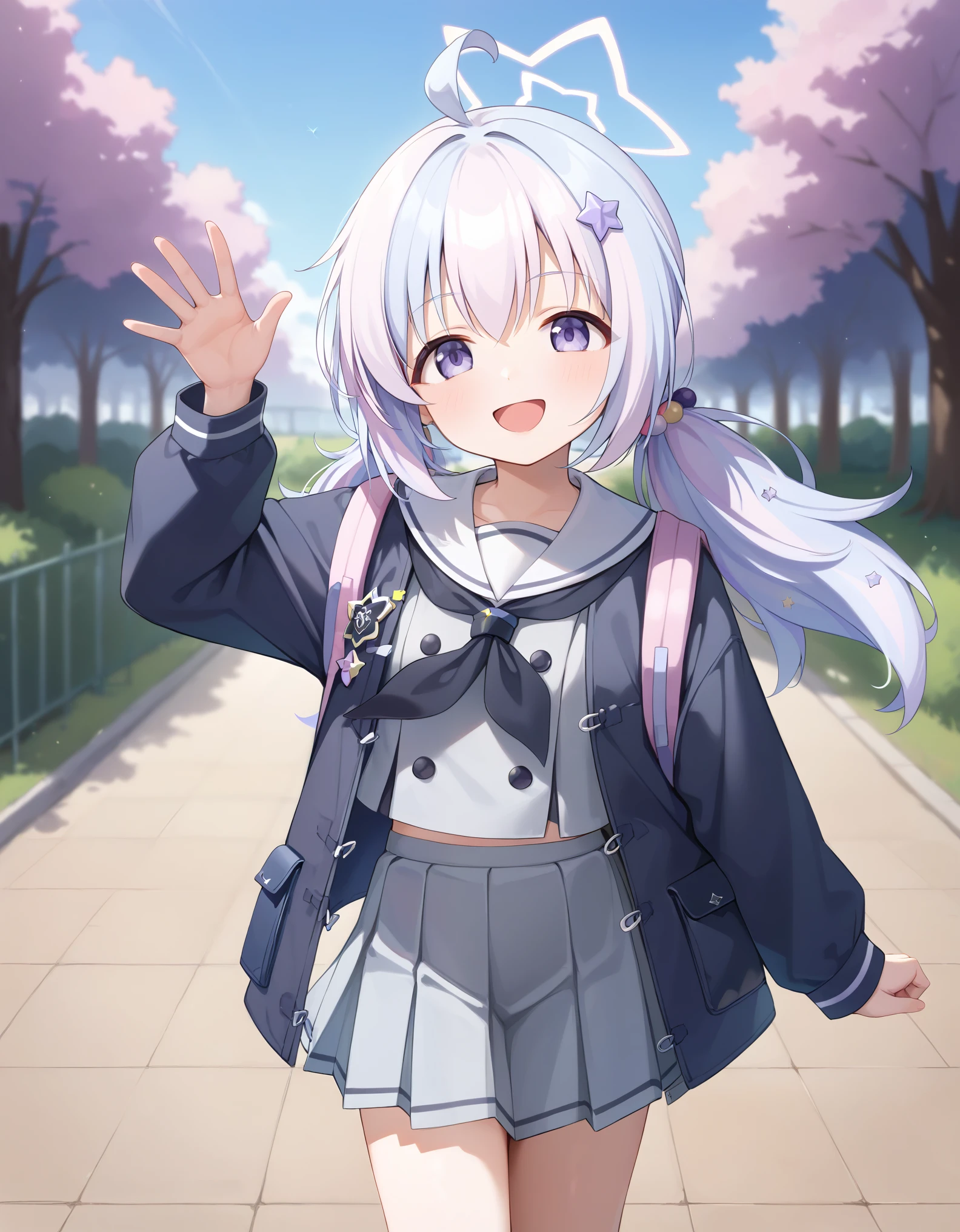 Masterpiece, hd, best quality, waving hands, reisa \(blue archive\),purple eyes, multicolored hair,low twintails, halo,star \(symbol\),black jacket,sailor collar,grey skirt, socks, standing, outdoor, happy, smile, wearing randoseru backpack, purple color backpack