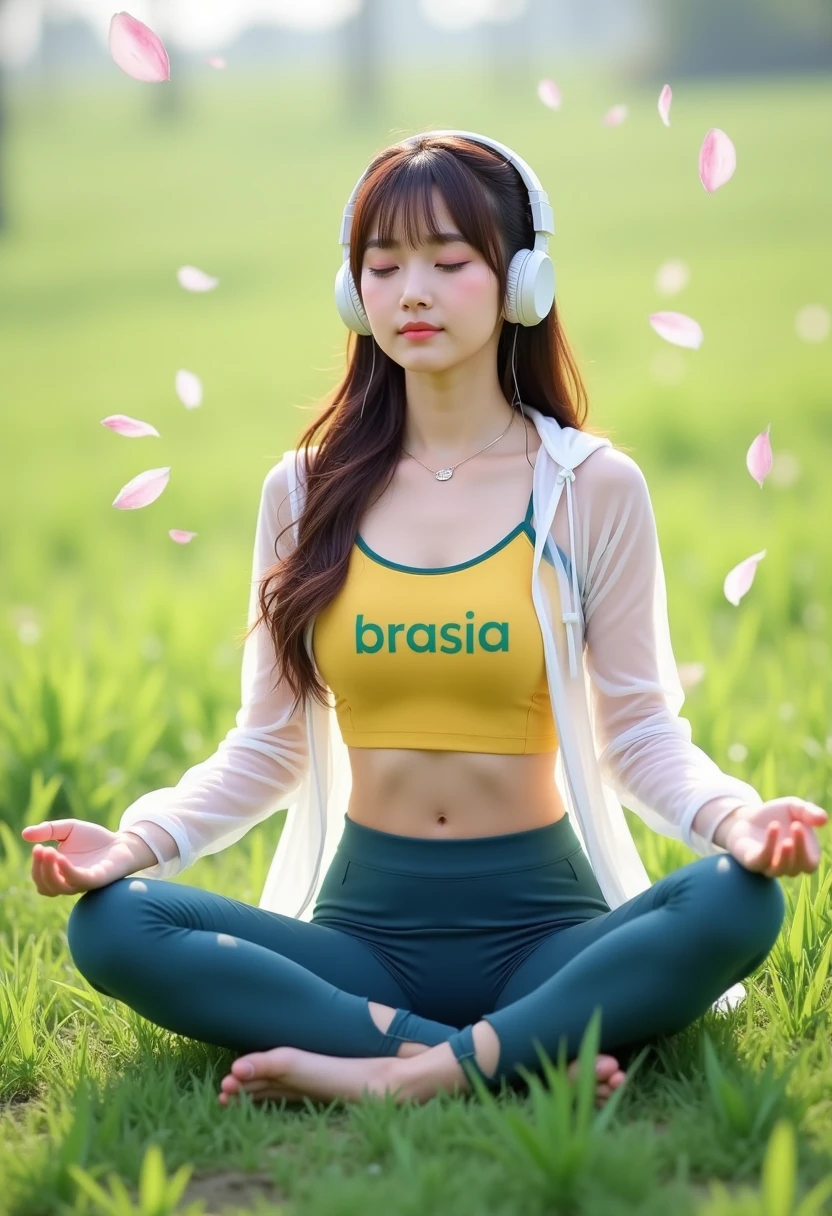 a beautiful Asian girl, fit body, wide waist and thin belly, long thin brown hair with bangs framing her pretty face, open transparent white jacket with hood and tight clothes shaping her beautiful athletic body, "BRASIA" written in green with visible letters on the chest of the tight yellow blouse, tight blue leggings, she is wearing musical headphones, the hood uncovers her head with the jacket and hair in the wind with musical notes flying in the air, she is meditating with her eyes closed in yoga pose, sitting on the ground and without shoes, green grass field background with sakura petals falling on the grass moving in the wind,