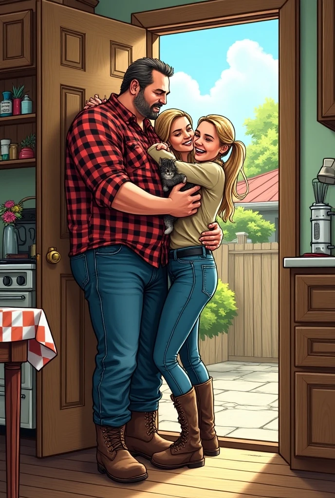 Now play the trucker in the kitchen with his blond wife and daughter, The one saying goodbye with his kitten in his arms at the door comic style