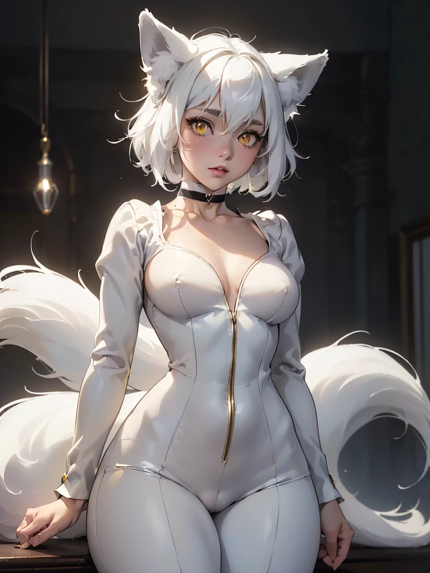 (best lighting) (best quality, masterpiece:1.2), (absurdres), wide portrait, ((alluring, ethereal, shy)), one woman, ((white fox ears, white fox tail)), ((very short, messy white hair), ((bright yellow eyes)), (detailed eyes)t, ((choker)), (small breasts),  (white pinstripe suit), (curvy), soft lighting, hazy, cinematic, diffused lighting  