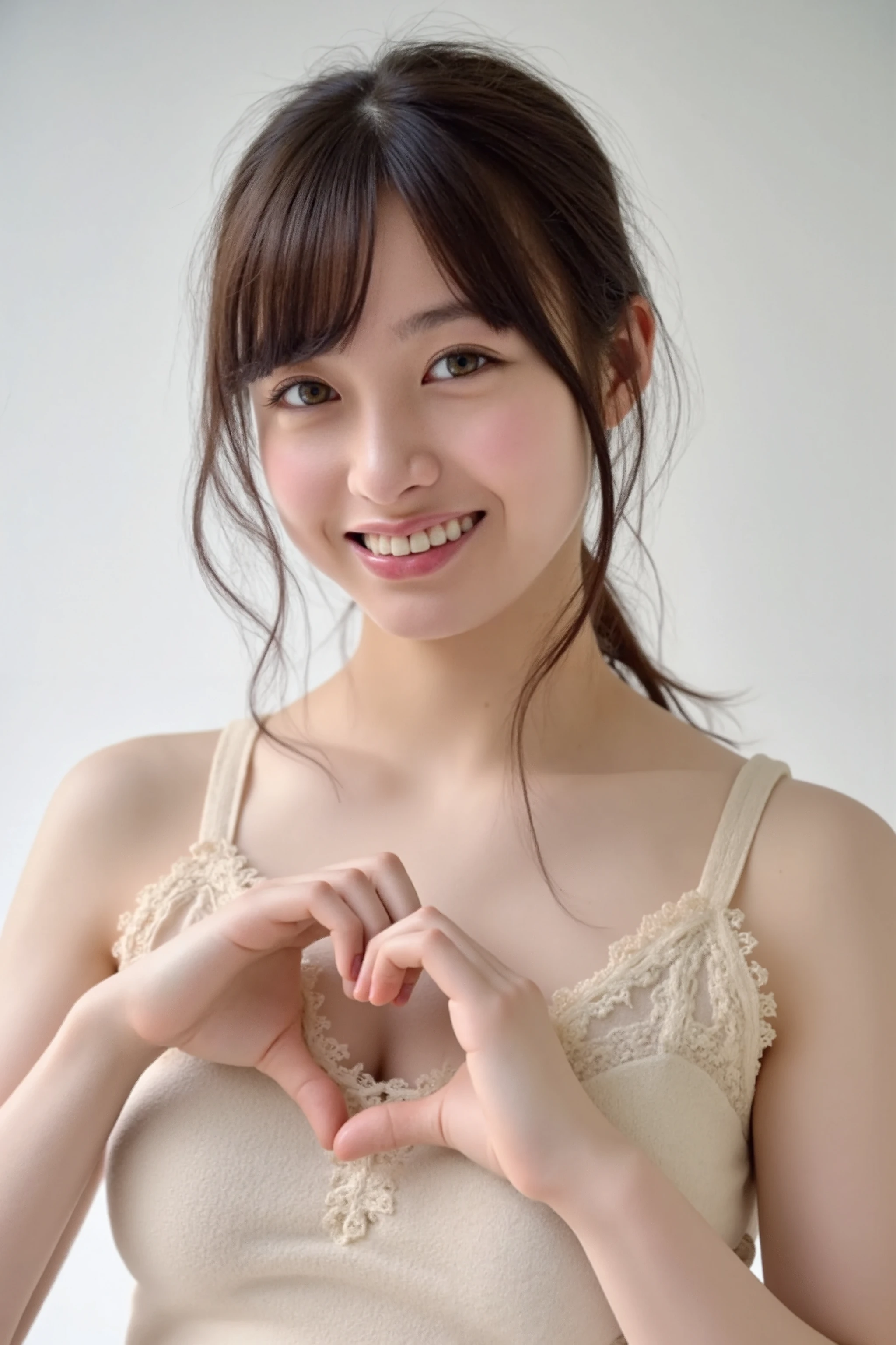 She is in a pose wearing a sexy camisole, making a firm big heart shape with both hands, and holding it in front of her chest, Close-up of a smiling face

