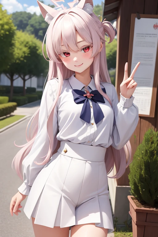 (masterpiece:1.3), (absurdres:1.3), (best quality:1.3), (ultra-detailed:1.3), 1girl, upper body, looking at viewer, smile, standing, outdoors, peace sign, akirafi, halo, long hair, tokiwadai school uniform, 