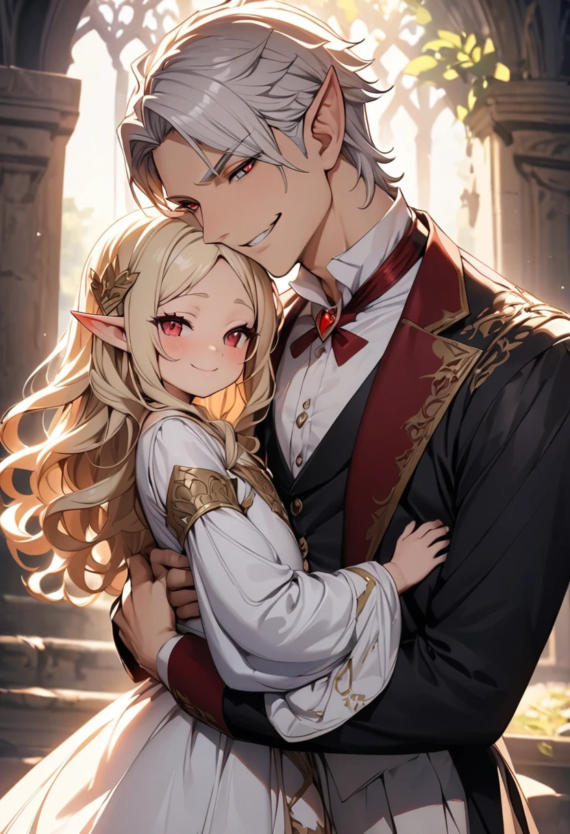 masterpiece, high quality, best aesthetics, romantic lighting, fantasy setting, handsome elf male, smirk, red eyes, vampire, short silver hair, a king dressed in royal clothing. He is hugging his daughter, an adorable elf princess with long blond curly hair. He loves her, and she is Daddy's girl.