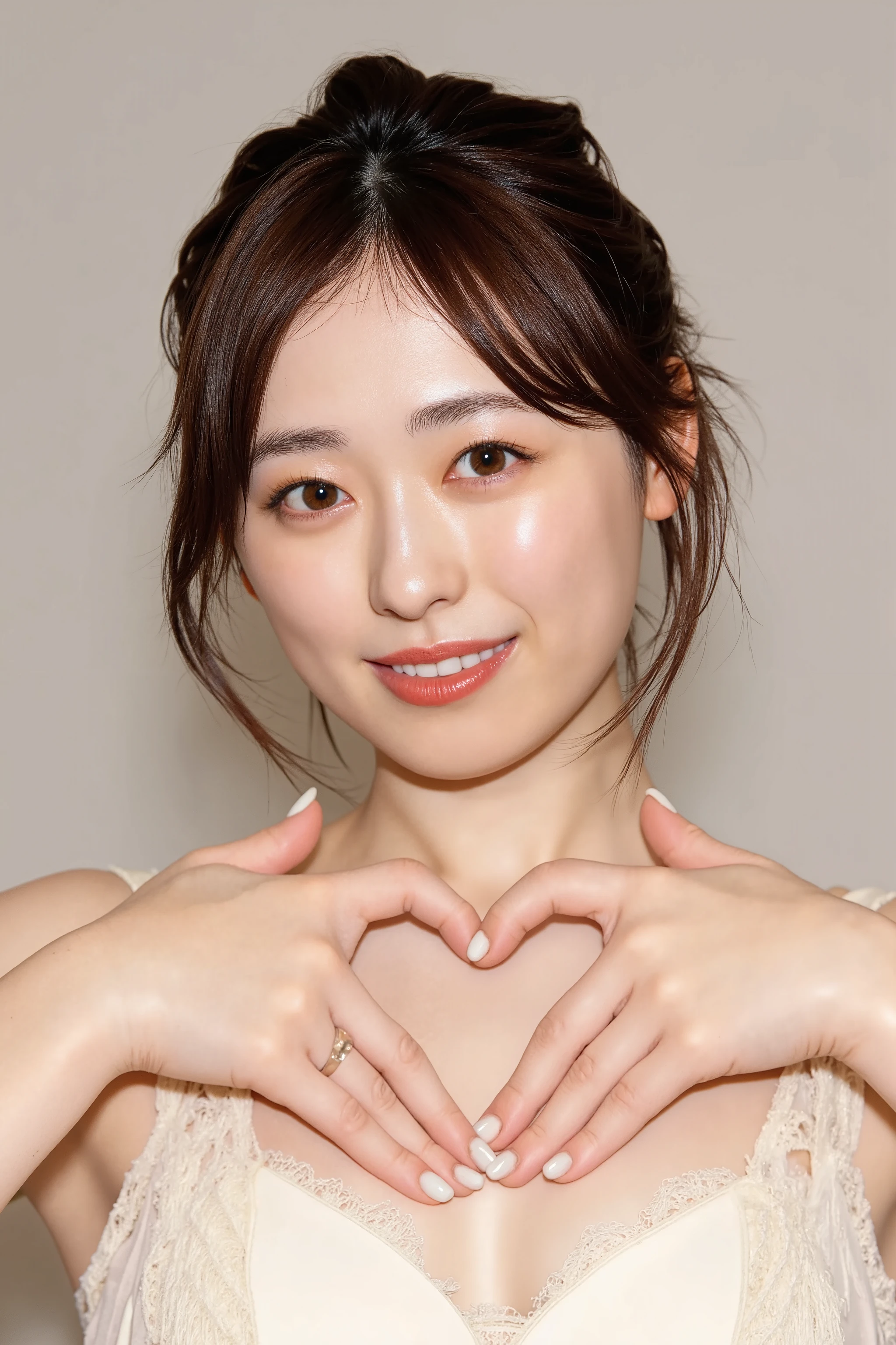 She is in a pose wearing a sexy camisole, making a firm big heart shape with both hands, and holding it in front of her chest, Close-up of a smiling face

