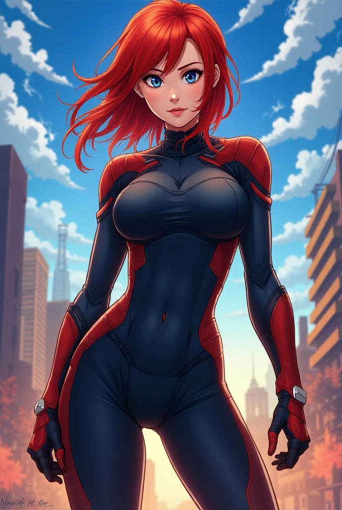 1girl, medium breasts, leotard, red leotard with blue accents, bare legs, boots, matching boots, bracelets, city backdrop, solo, single, standing, full body shot, cowboy shot, beautiful detailed eyes, blue eyes, mature lady, red hair, medium hair, superhero