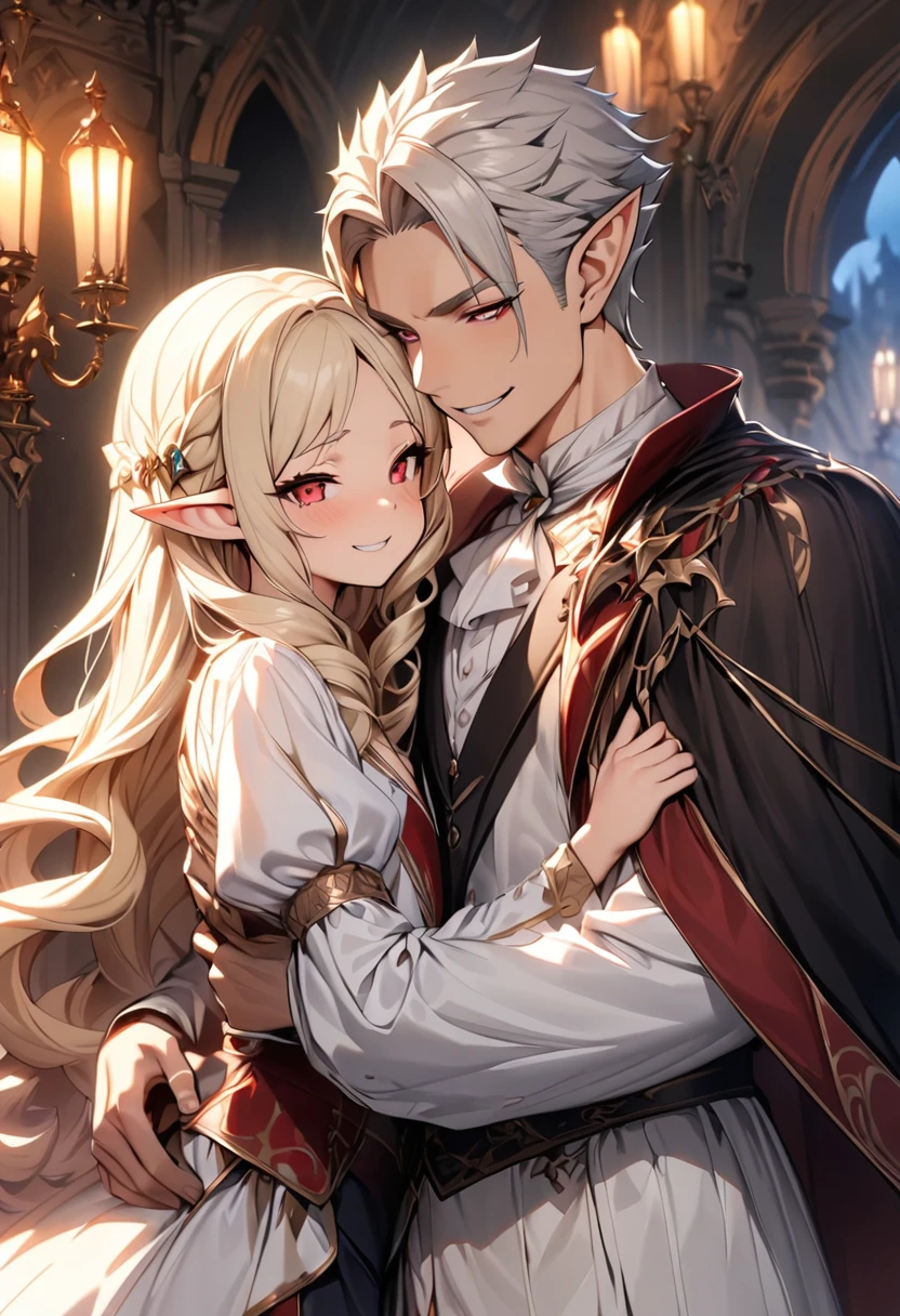 masterpiece, high quality, best aesthetics, romantic lighting, fantasy setting, handsome elf male, smirk, red eyes, vampire, short silver hair, a king dressed in royal clothing. He is hugging his 18-year-old daughter, an adorable elf princess with long blond curly hair. He loves her, and she is Daddy's girl.