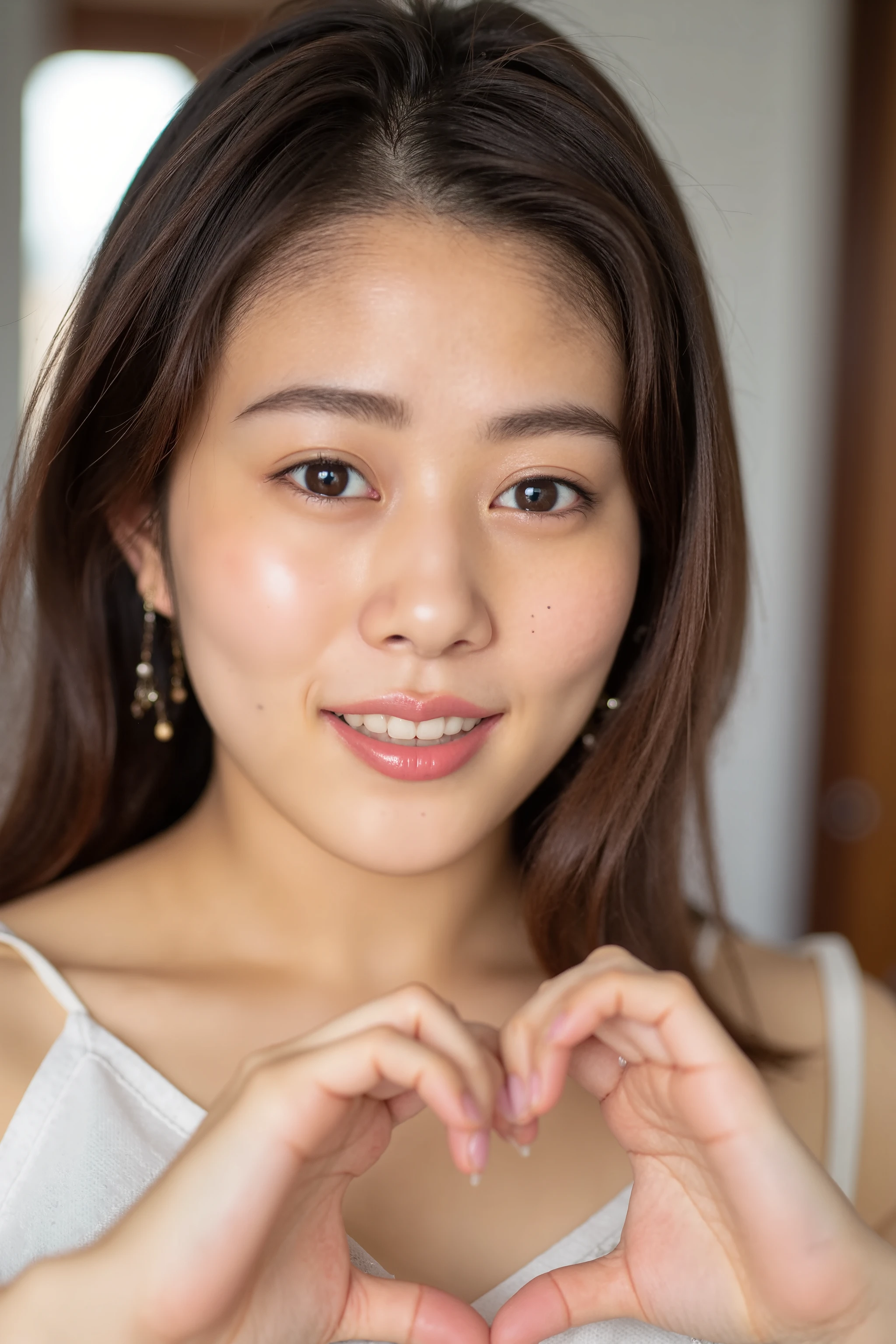 She is in a pose wearing a sexy camisole, making a firm big heart shape with both hands, and holding it in front of her chest, Close-up of a smiling face

