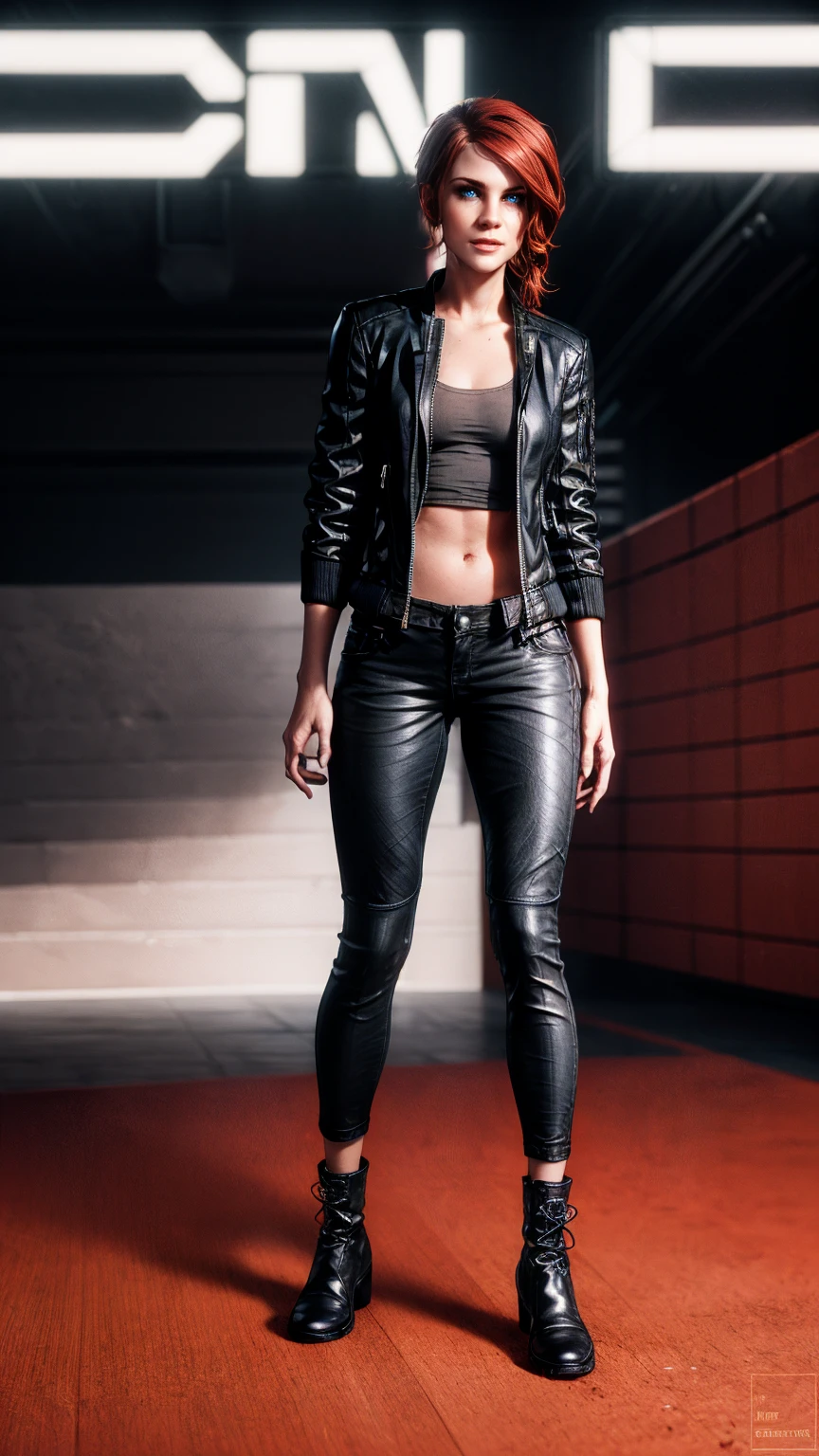 ((Courtney Hope)), red hair, asymmetrical hair, short ponytail, wavy hair, sidelocks, hair over one eye, low ponytail, serious, seductive smile, Jesse Faden from video game "Control", Fitted Black motorcycle/bomber jacket 1/4 cropped, (black tank top under jacket), Skin tight black jeans, (strong glutes), Loose matte black leather motorcycle boots, Slim but lightly toned build, Small bust, covered nipples, standing in fighting poses, wide shot, UHD, 16k, textured skin, best quality, anatomically correct, accurate, masterpiece, (concept art), (full body portrait), Flawless skin, (jesseC_soul3142) 