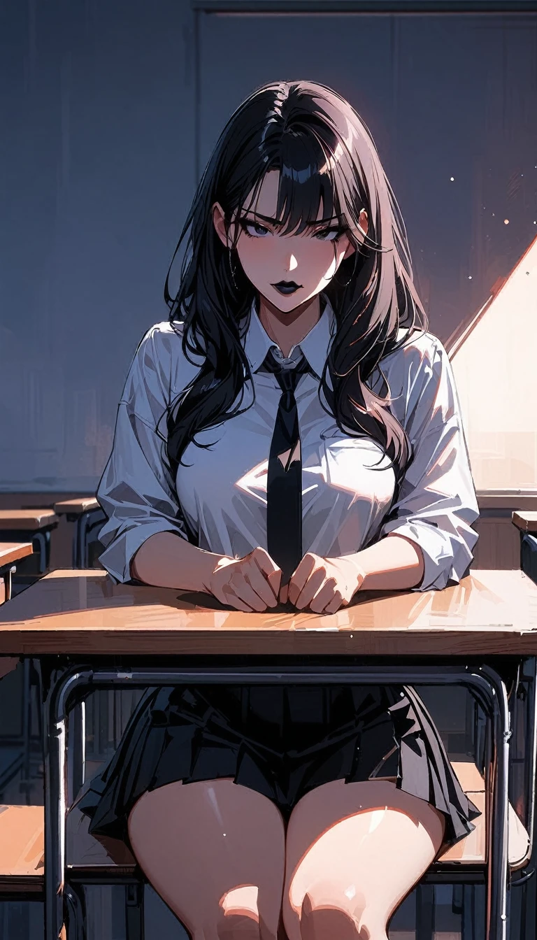 (  high quality , 8k, 4K,  high contrast, :1.2,    high quality ,  improved aesthetics  ), ((1 woman)), , Sensual,    mature body with  and big  , super detailed, Beautiful and detailed face,  Beautiful and detailed eyes ,   detailed and beautiful mouth  , corpo ,    perfect breaths   , perfect wide thighs   , ( dark black hair), ( dark black eyes), (Black Lipstick), (   Intimidating facial expression  ), (white shirt, black tie,    short pleated black pleated skirt ), (Schoolgirl), (sitting), (chair hands on the table ) (centered) , (looking at the table), ( empty classroom) (serious look) (Luxurious classroom )