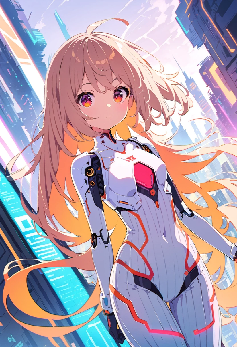 ( software),  complicated details,  1 girl,  Knight , (Bright neon colors), ((Fly over a futuristic cyberpunk city)),  detailed background , (Petite cyborg girl, ((Cute perfect face, Glowing red eyes)), ( perfect anatomy,   firm chest), ( Orange and White Gradient Super Long Hair,   hair blown in the wind  )), Impossible Detailed Ribbed Bodysuit ,  shoulder armor , Cybernetic limbs,  Dynamic Angle, 