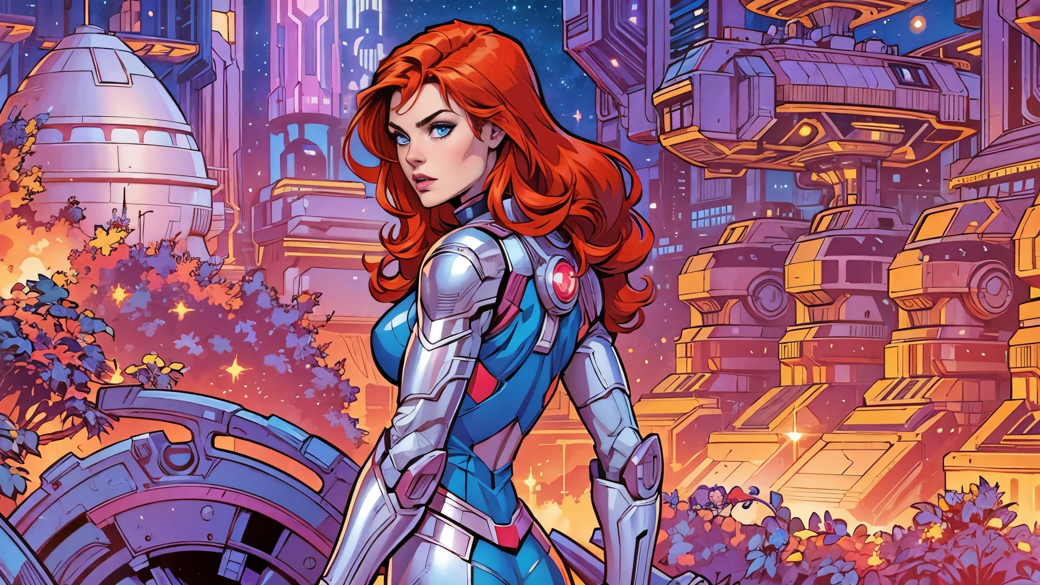 comic artwork of a pretty woman, busty, curvy, big breasts, wide hips, thick thighs, white bodysuit, skintight, scifi, futuristic, cyberpunk, cyberpunk background, epic, dynamic shadows, cinematic lighting, neon, dark rainy night, <lora:detail_slider_v4:1.25>, <lora:colorify:0.75>, (upper body:0.75), crosshatching, 2D, Sharp, Detailed, HD, HDR, High Quality, High Resolution, Masterpiece