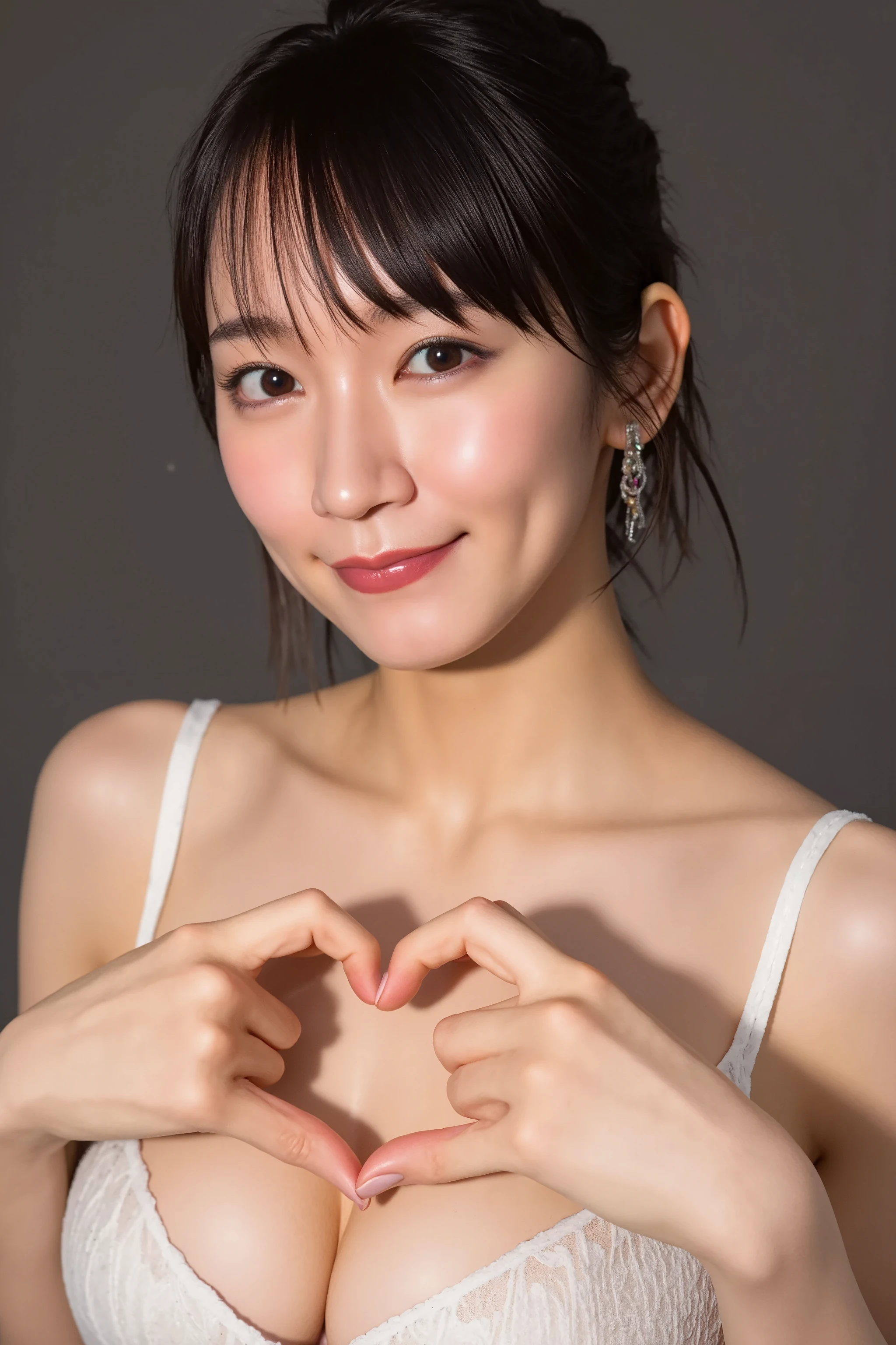 She is in a pose wearing a sexy camisole, making a firm big heart shape with both hands, and holding it in front of her chest, Close-up of a smiling face

