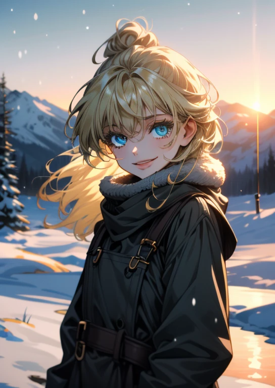 ((ultra detailed, masterpiece, absurdres))
 HGFiona, 1girl, blonde hair, blue eyes, in a winter wonderland, cowboy shot, winter clothing, smile